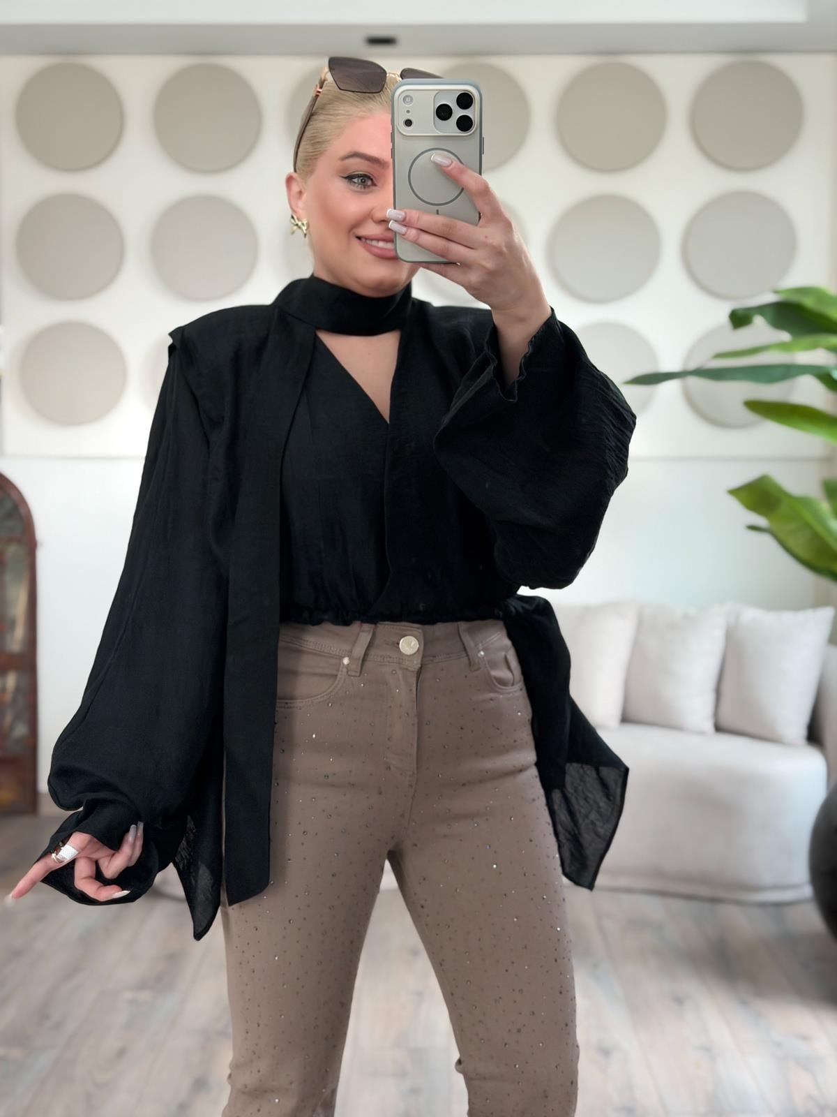 Fularlı Jakarlı Gömlek SİYAH-23MeUST00156