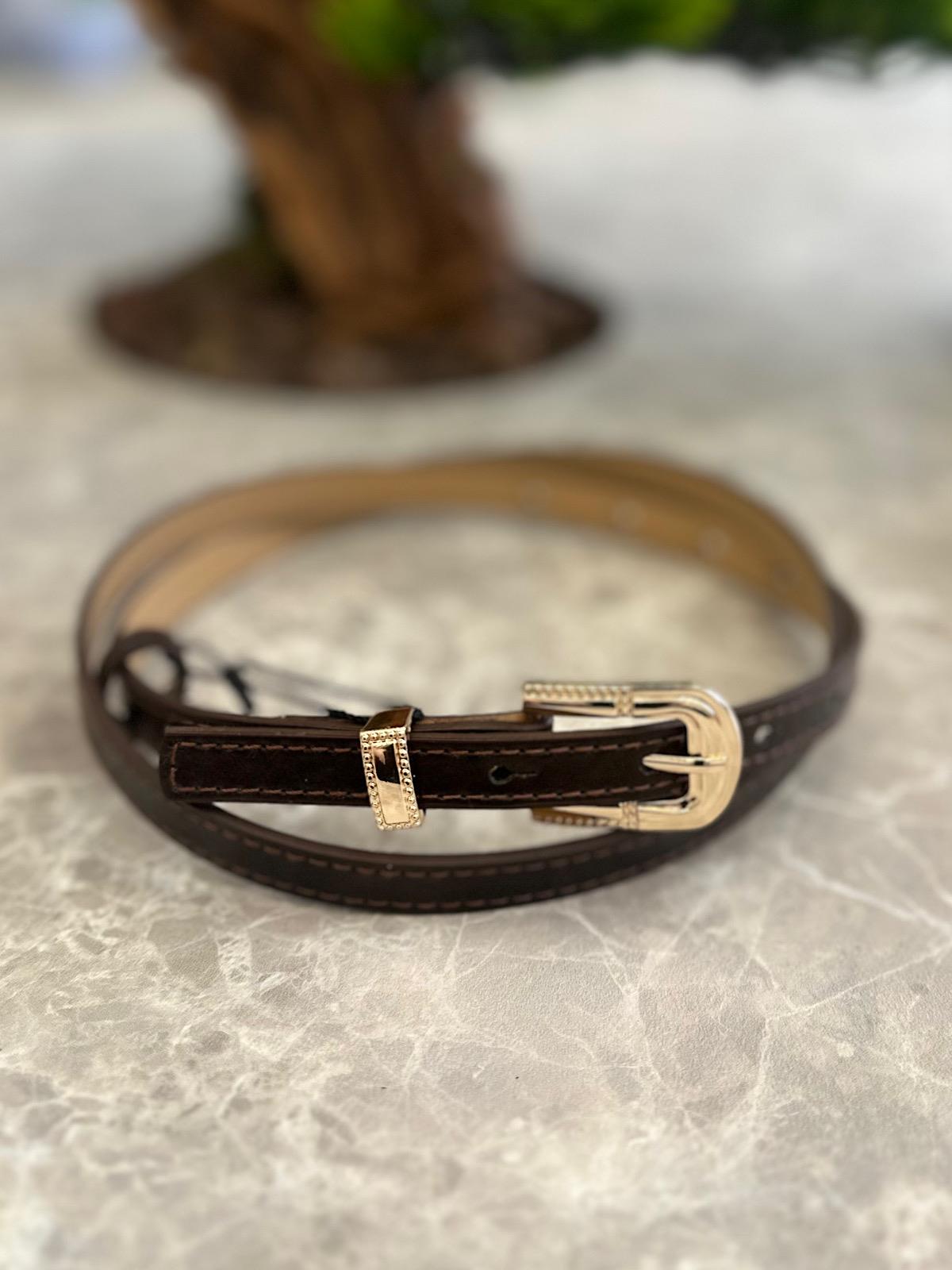 Gold Detaylı İnce Kemer KAHVE