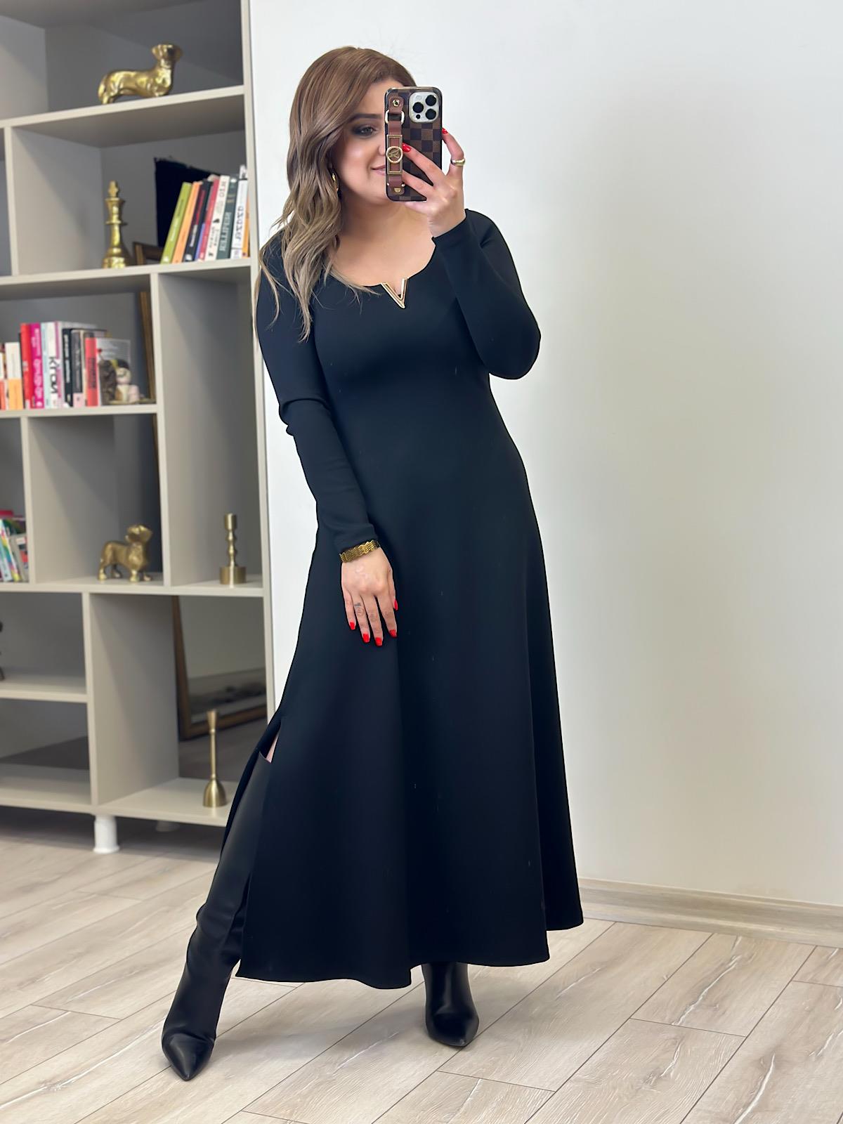 Gold Detaylı Modal Elbise SİYAH