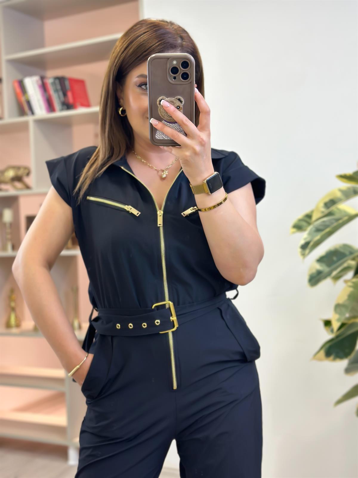 Gold Fermuar Detaylı Kemerli Paraşüt Kumaş Tulum SİYAH