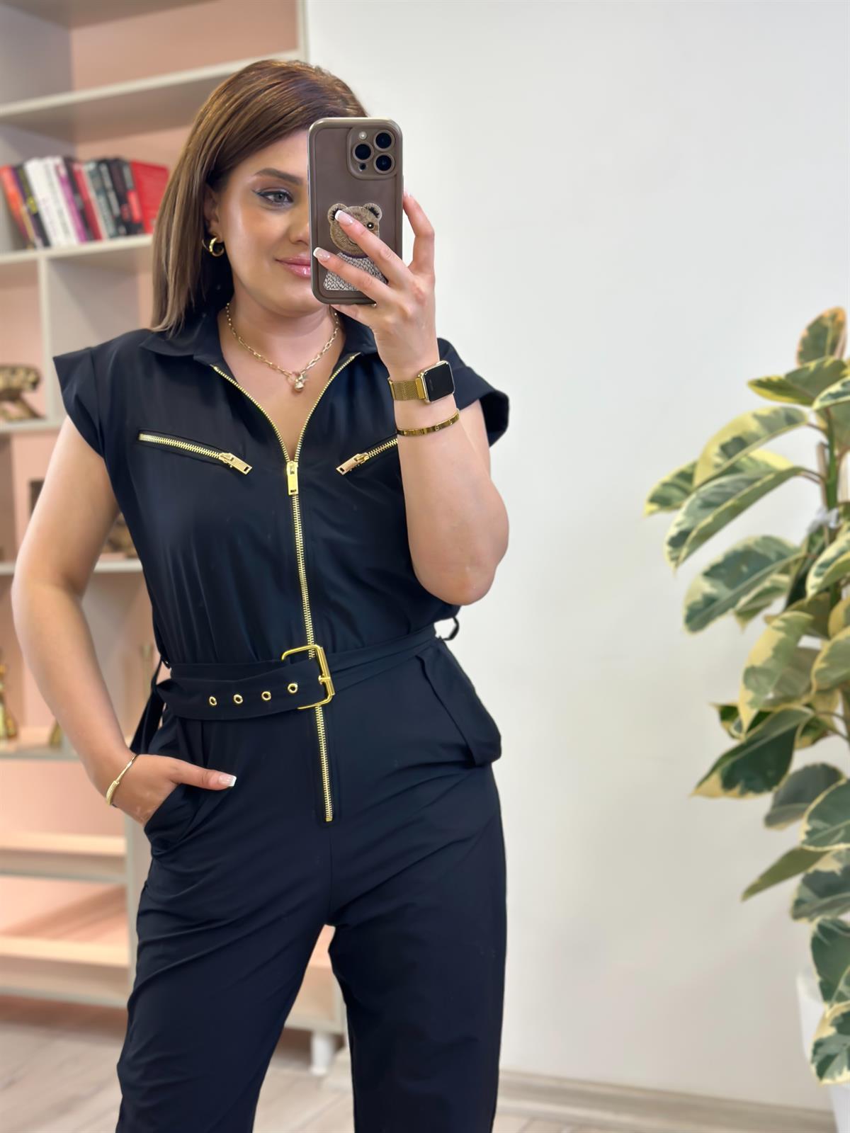 Gold Fermuar Detaylı Kemerli Paraşüt Kumaş Tulum SİYAH