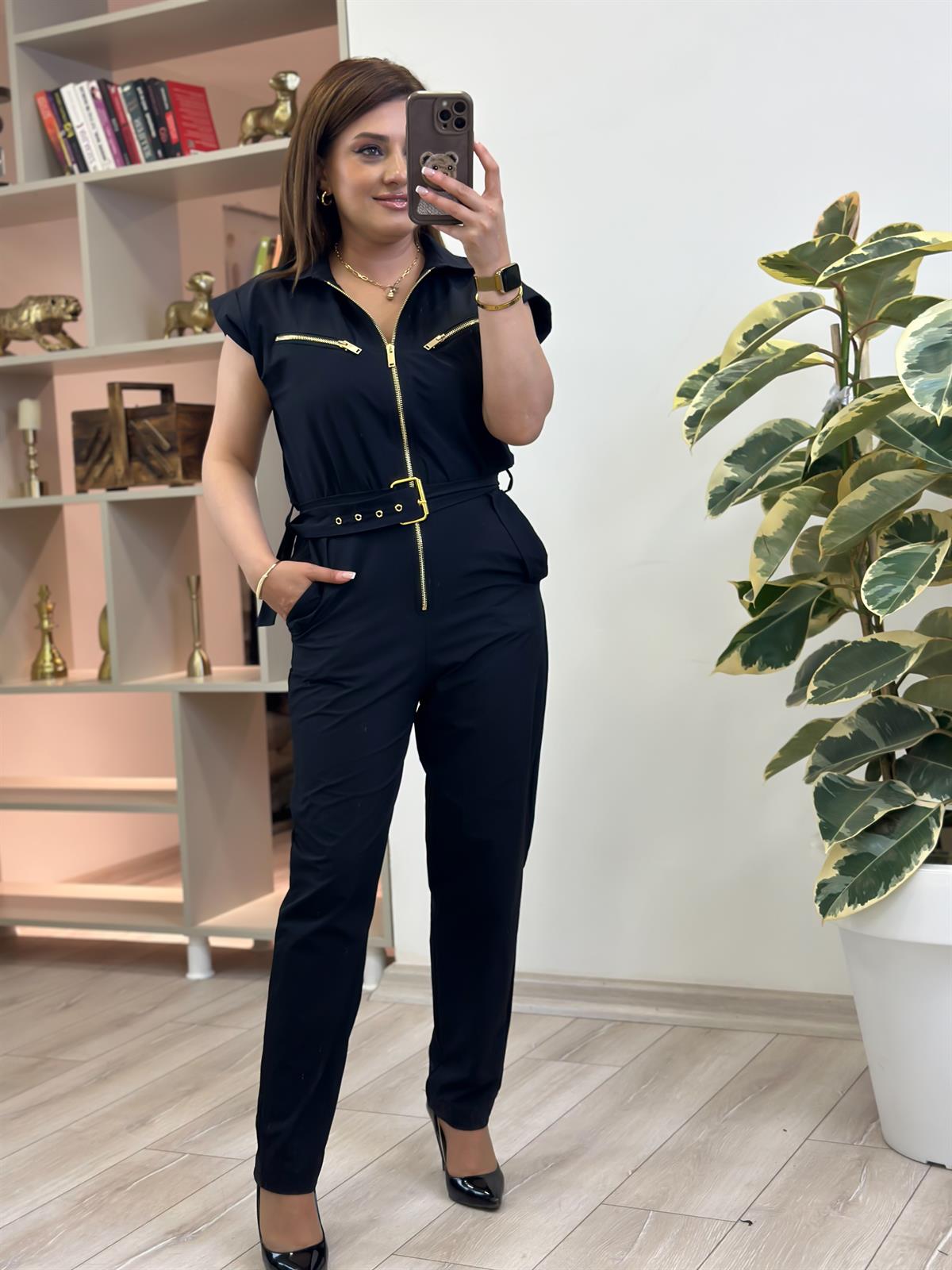 Gold Fermuar Detaylı Kemerli Paraşüt Kumaş Tulum SİYAH