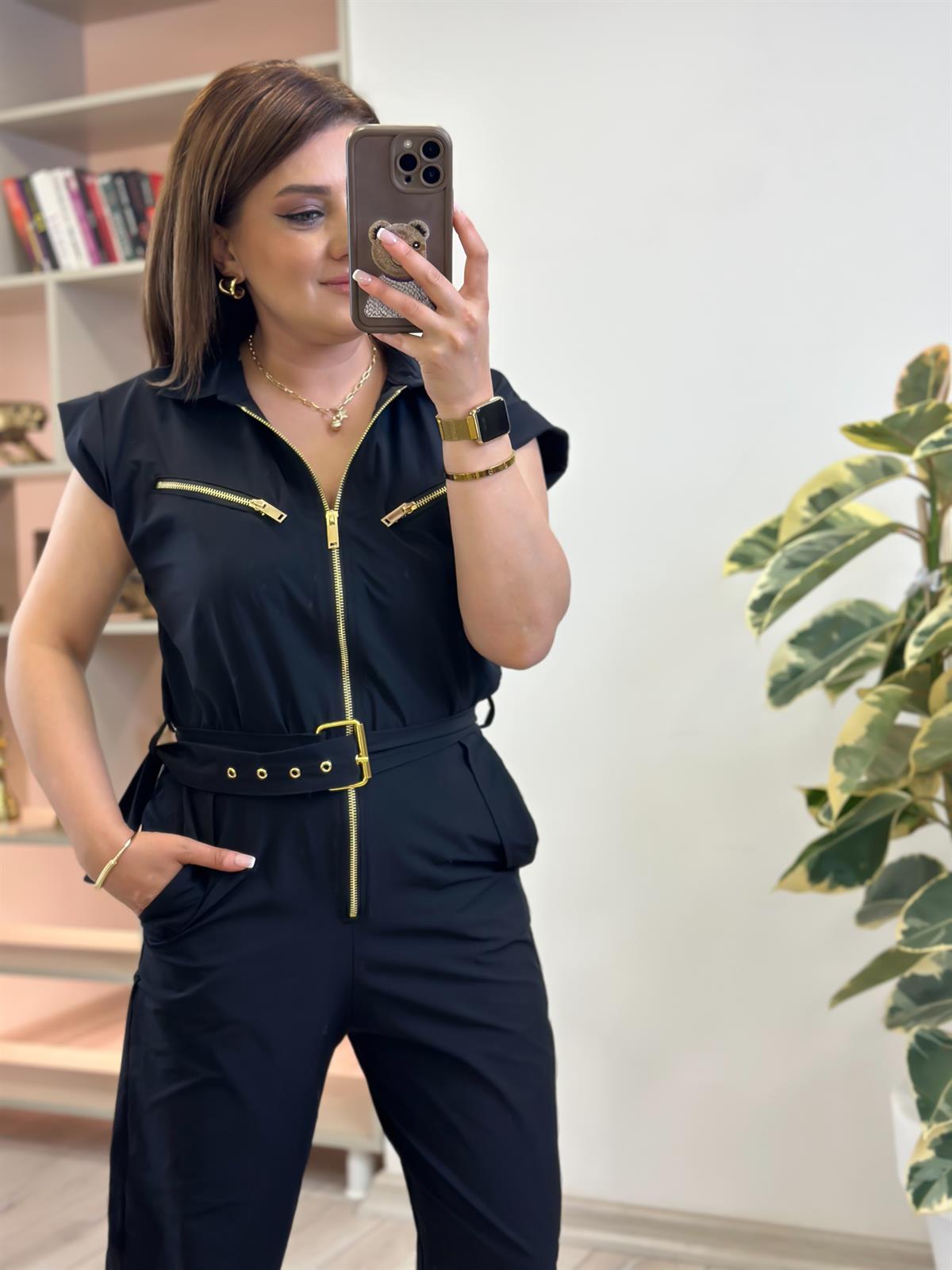 Gold Fermuar Detaylı Kemerli Paraşüt Kumaş Tulum SİYAH