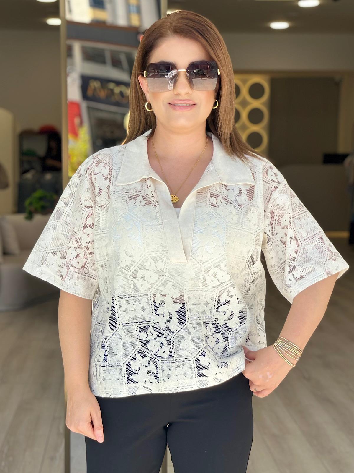 Gömlek Yaka Kısa Kol Dantel Bluz EKRU