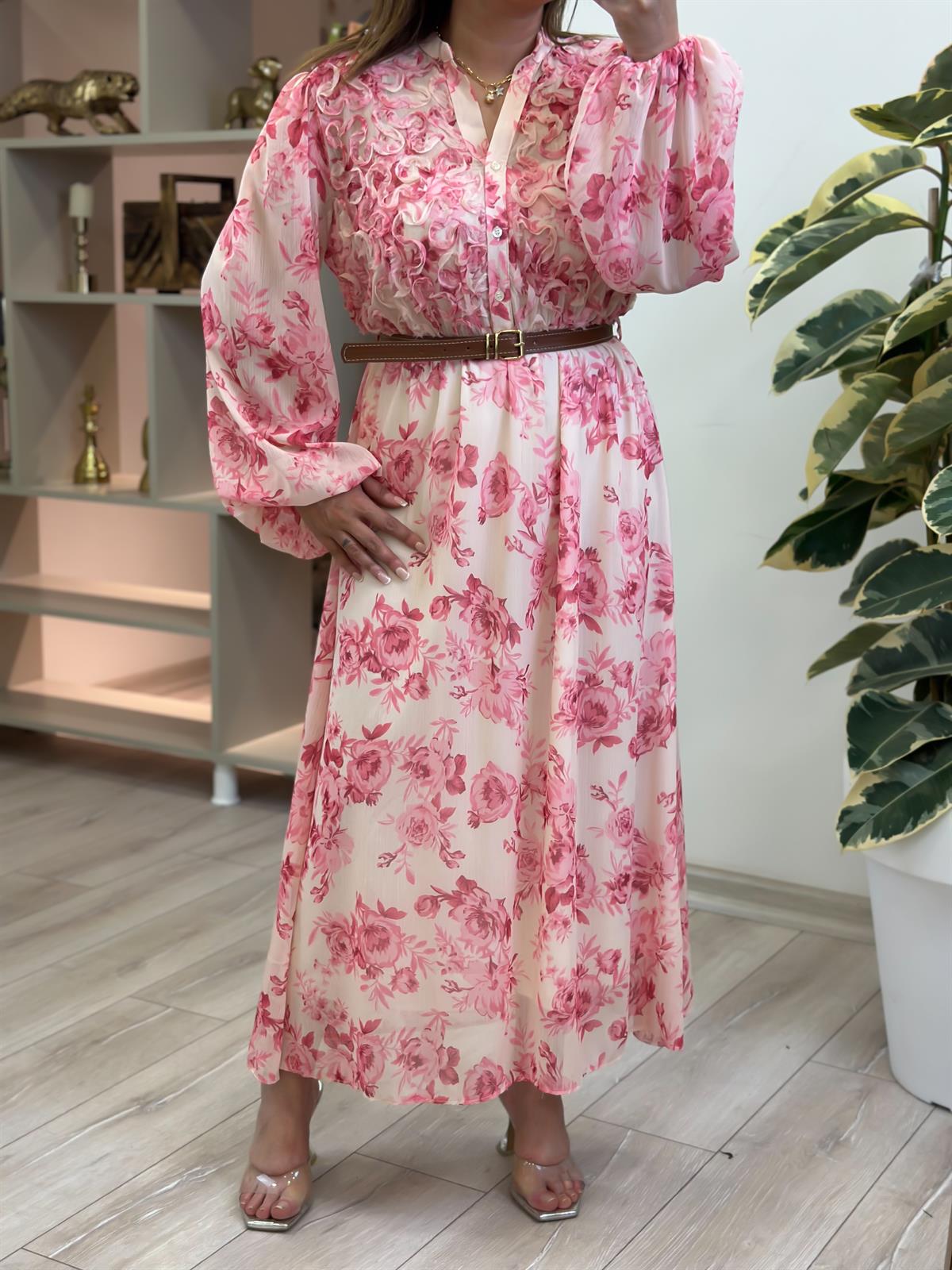 Gül Desenli Biye Detaylı Şifon Elbise PEMBE