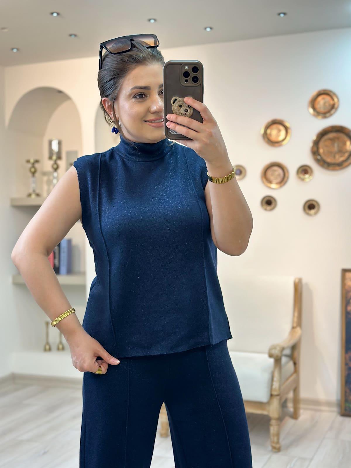 Halter Yaka Simli Bluz LACİVERT