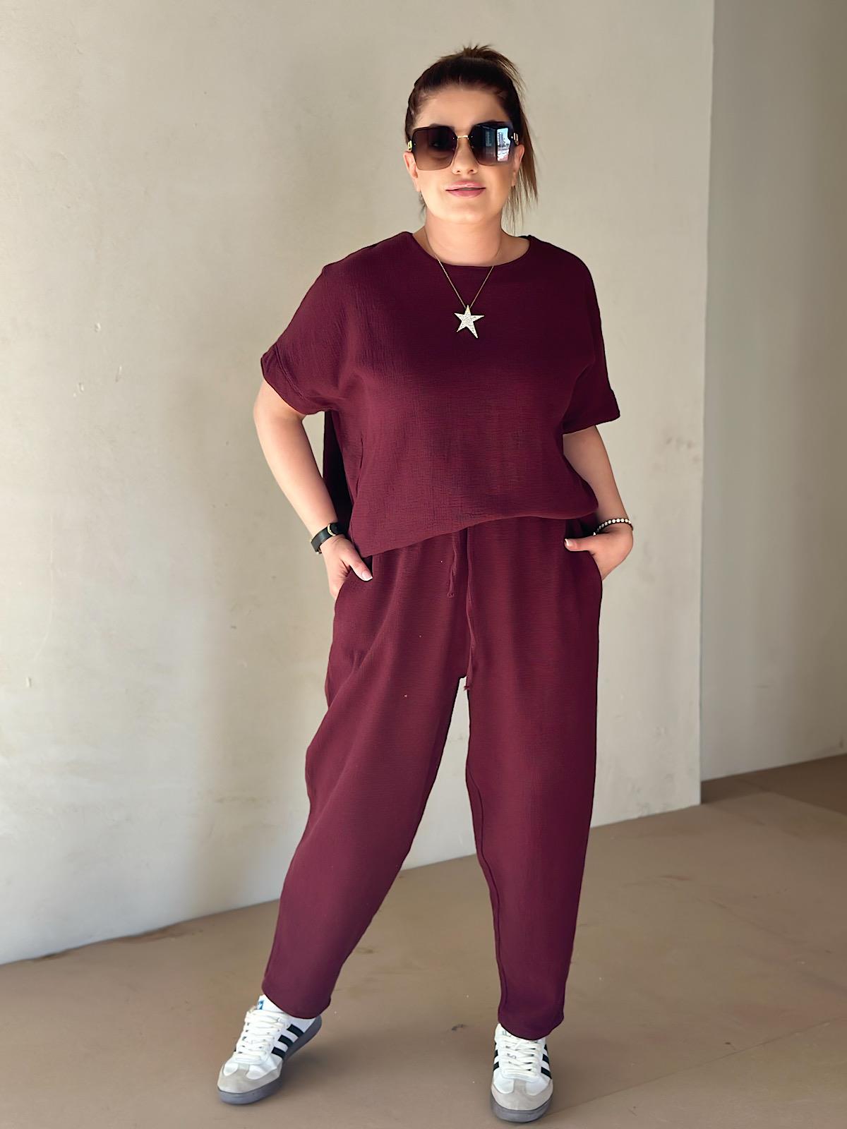 Ham Keten Bluz Pantolon Takım BORDO