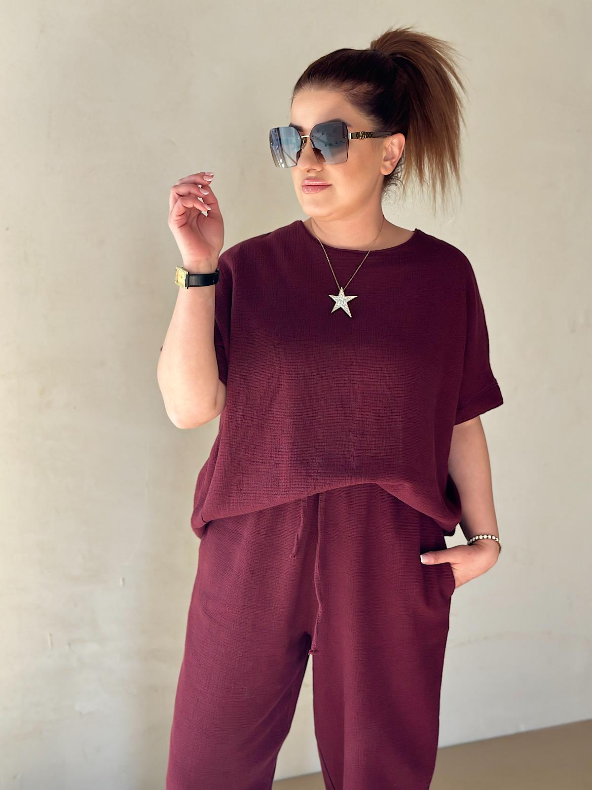 Ham Keten Bluz Pantolon Takım BORDO