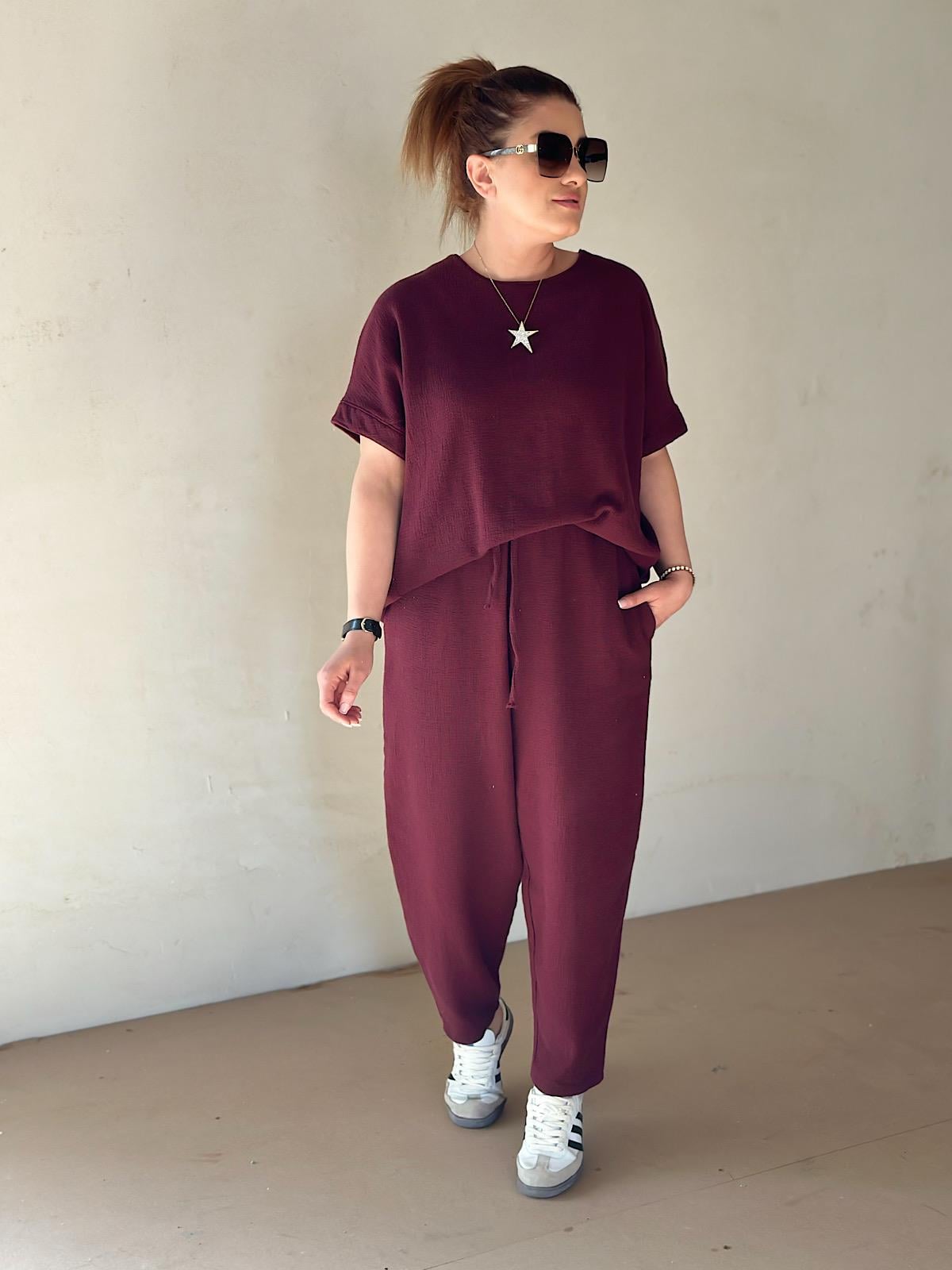Ham Keten Bluz Pantolon Takım BORDO
