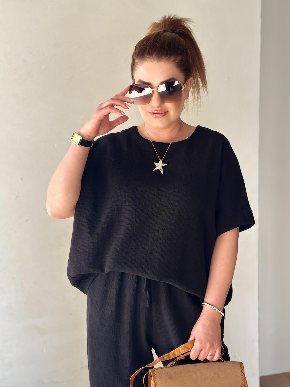 Ham Keten Bluz Pantolon Takım SİYAH