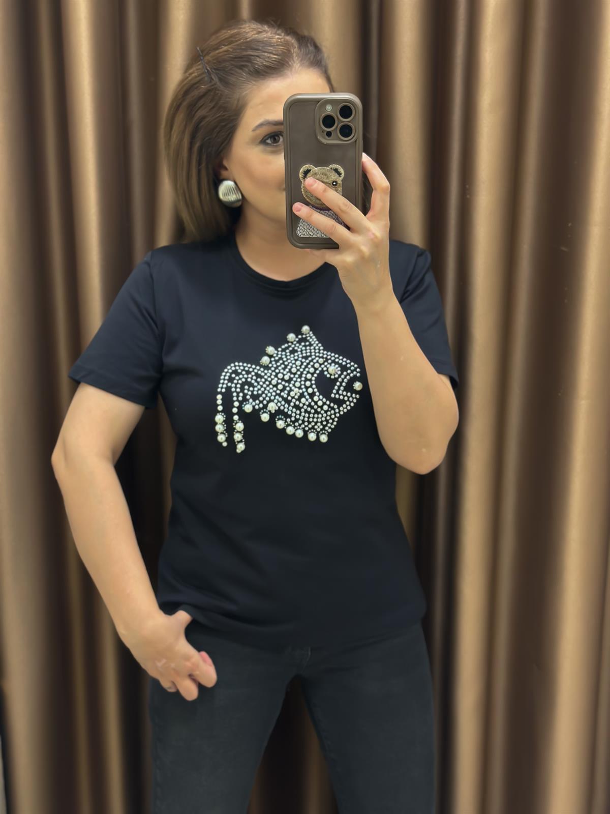 İnci Balık Detaylı Tshirt SİYAH