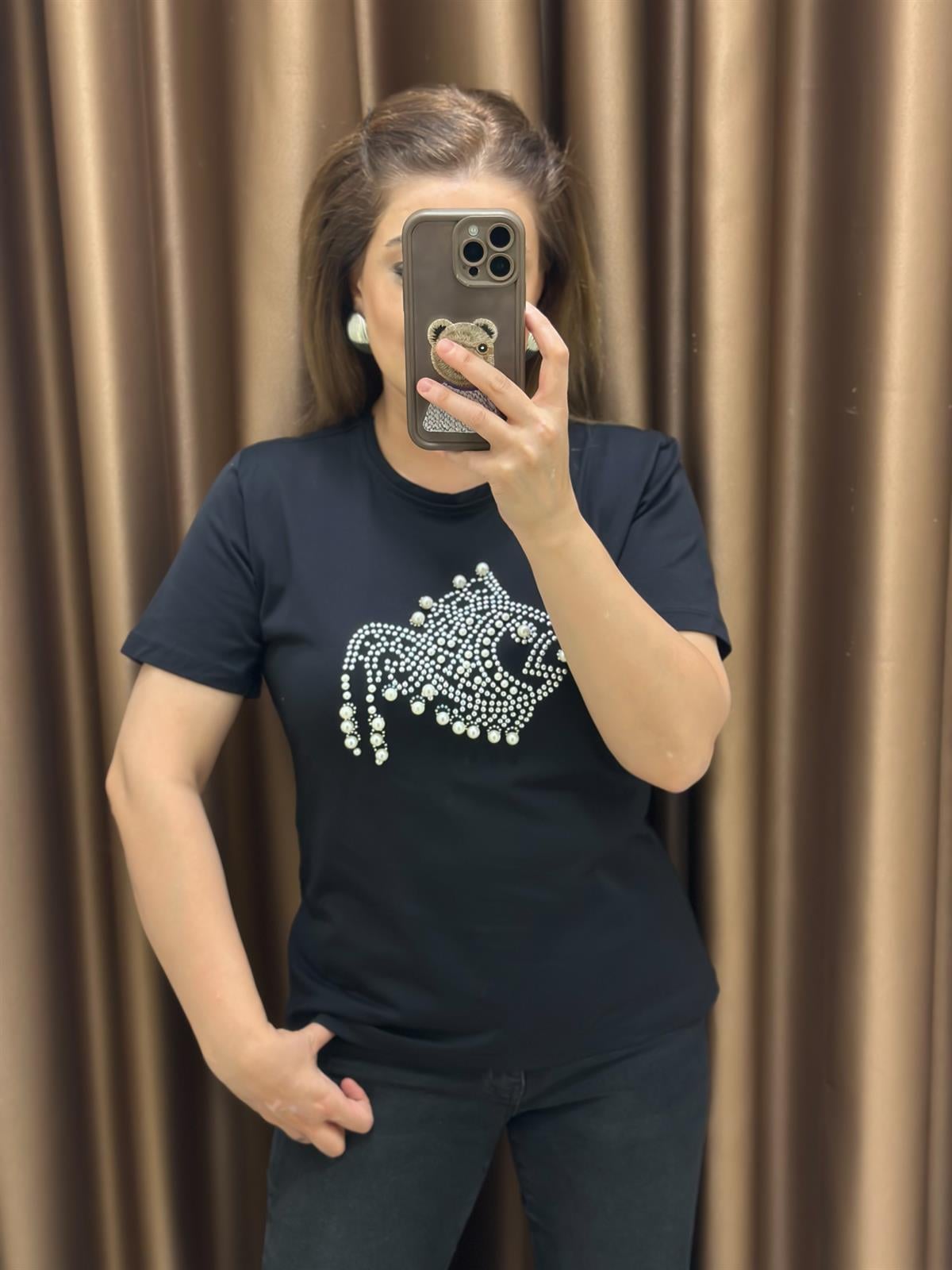 İnci Balık Detaylı Tshirt SİYAH