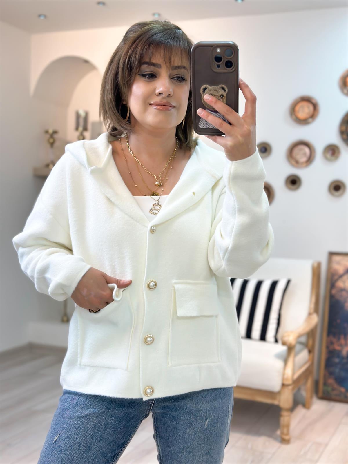 İnci Düğme Detaylı Cepli Hırka BEYAZ