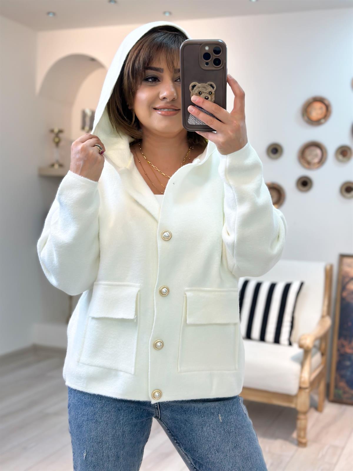 İnci Düğme Detaylı Cepli Hırka BEYAZ