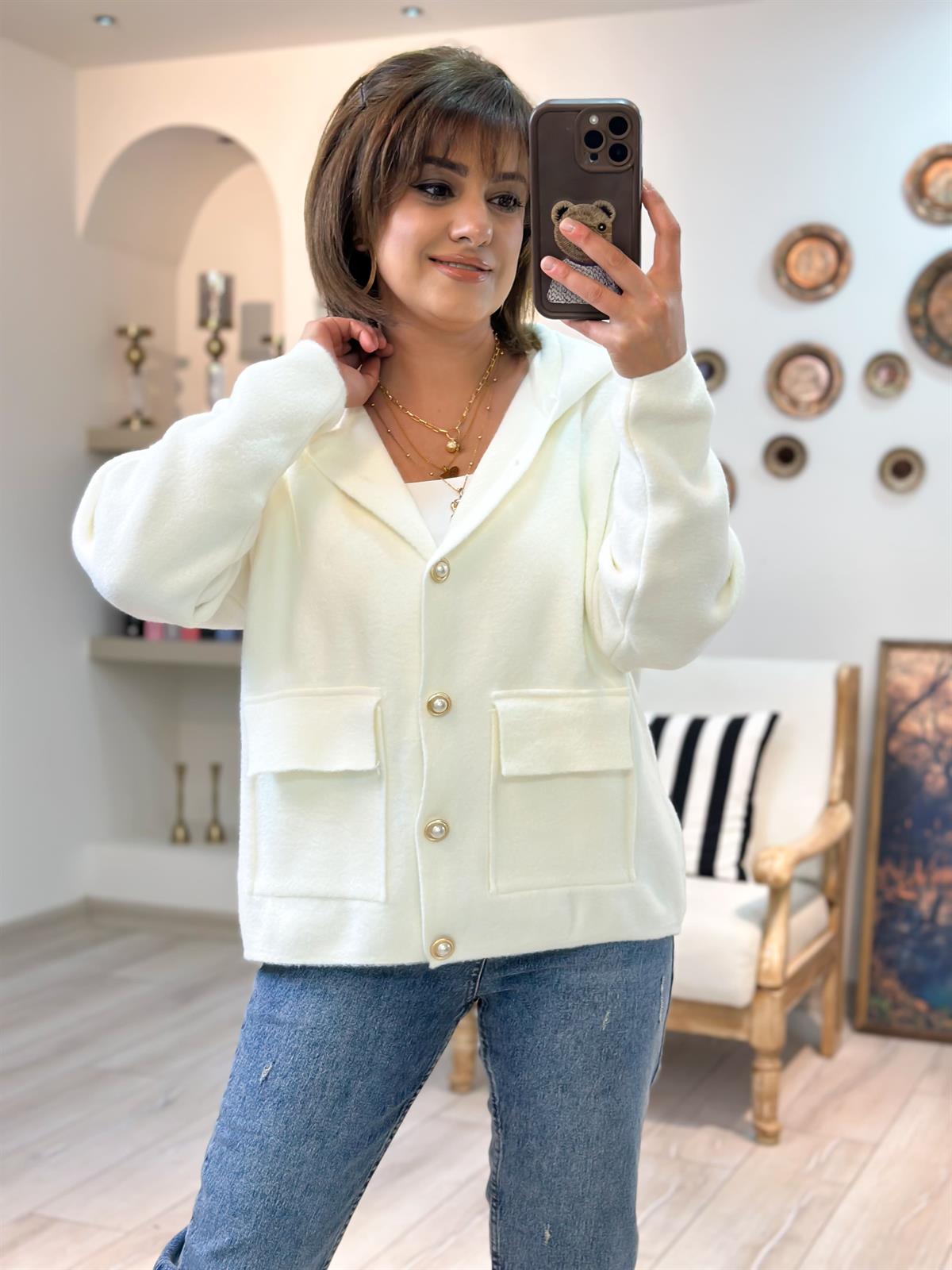 İnci Düğme Detaylı Cepli Hırka BEYAZ