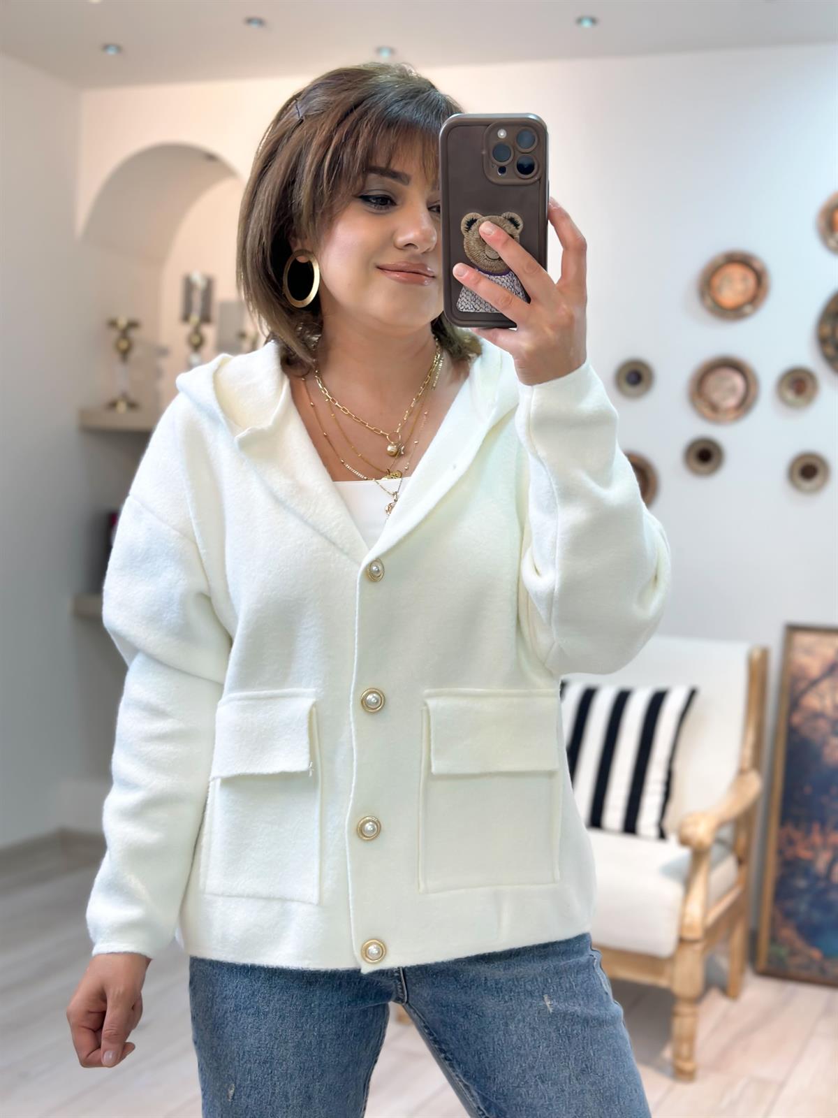 İnci Düğme Detaylı Cepli Hırka BEYAZ