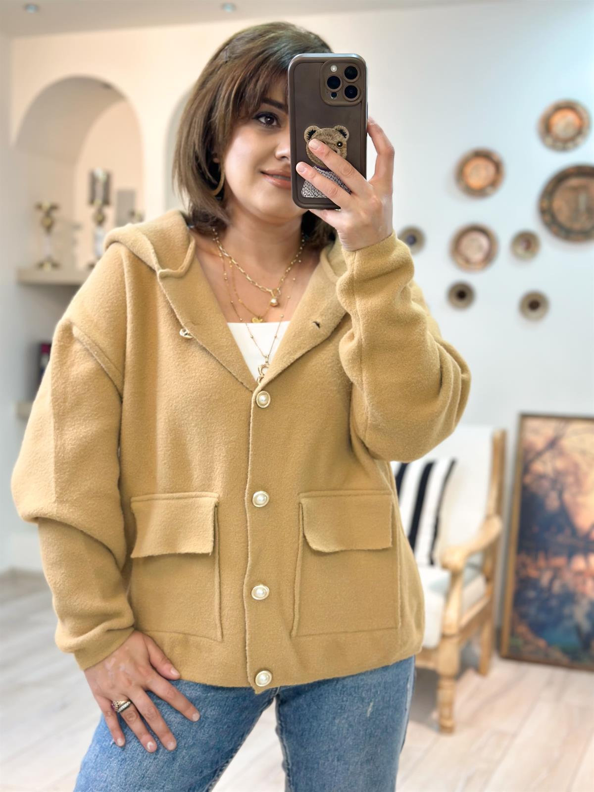 İnci Düğme Detaylı Cepli Hırka CAMEL