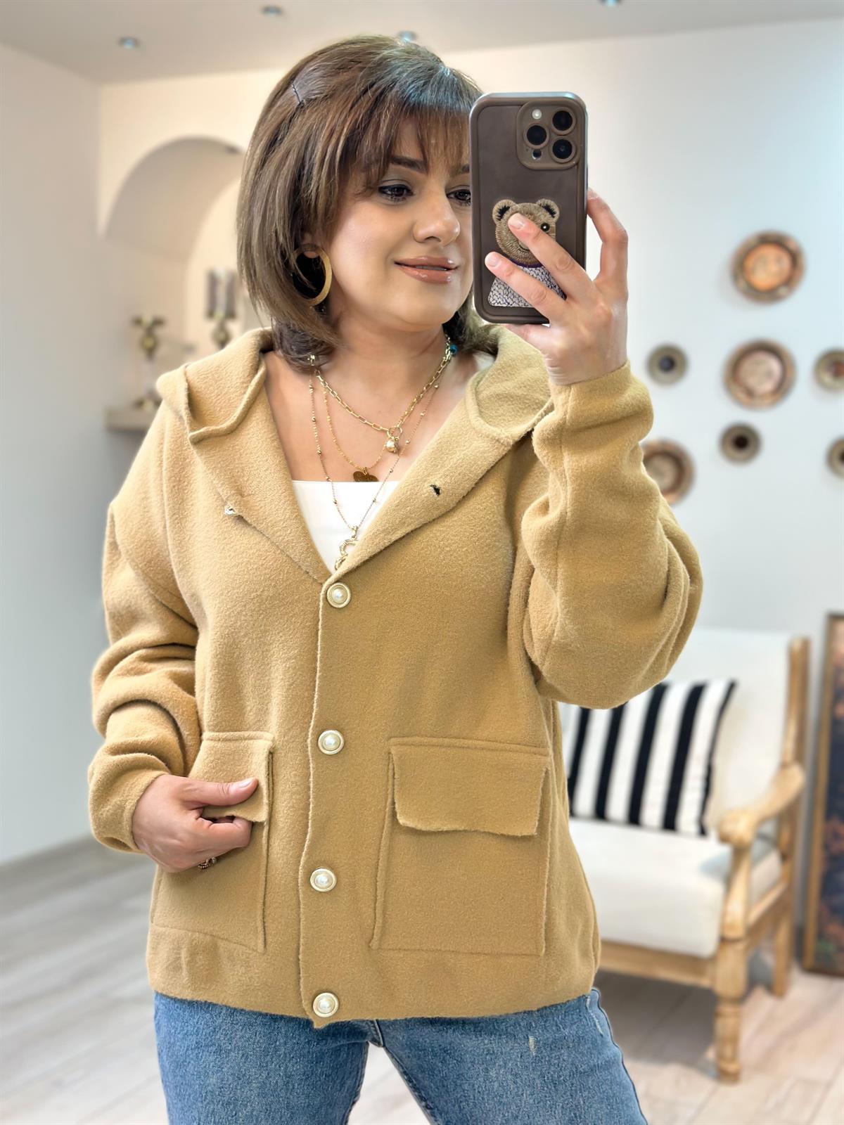 İnci Düğme Detaylı Cepli Hırka CAMEL