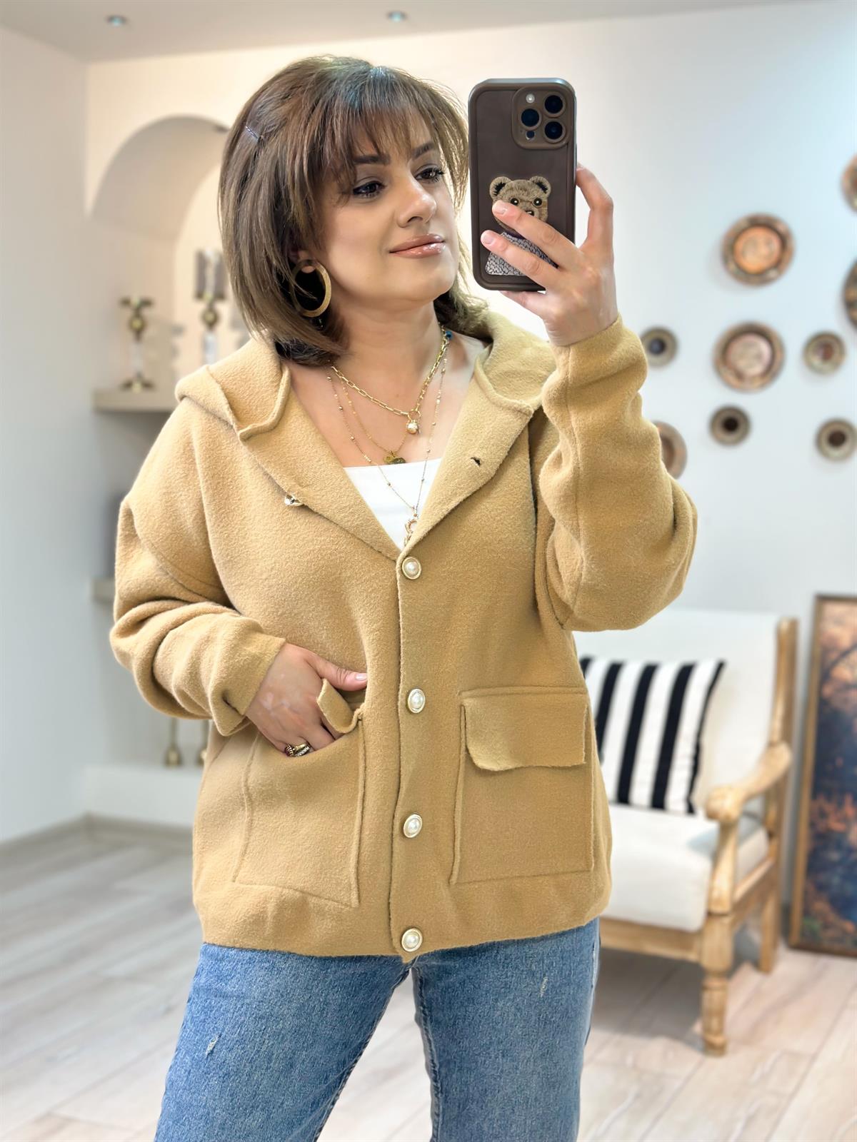 İnci Düğme Detaylı Cepli Hırka CAMEL