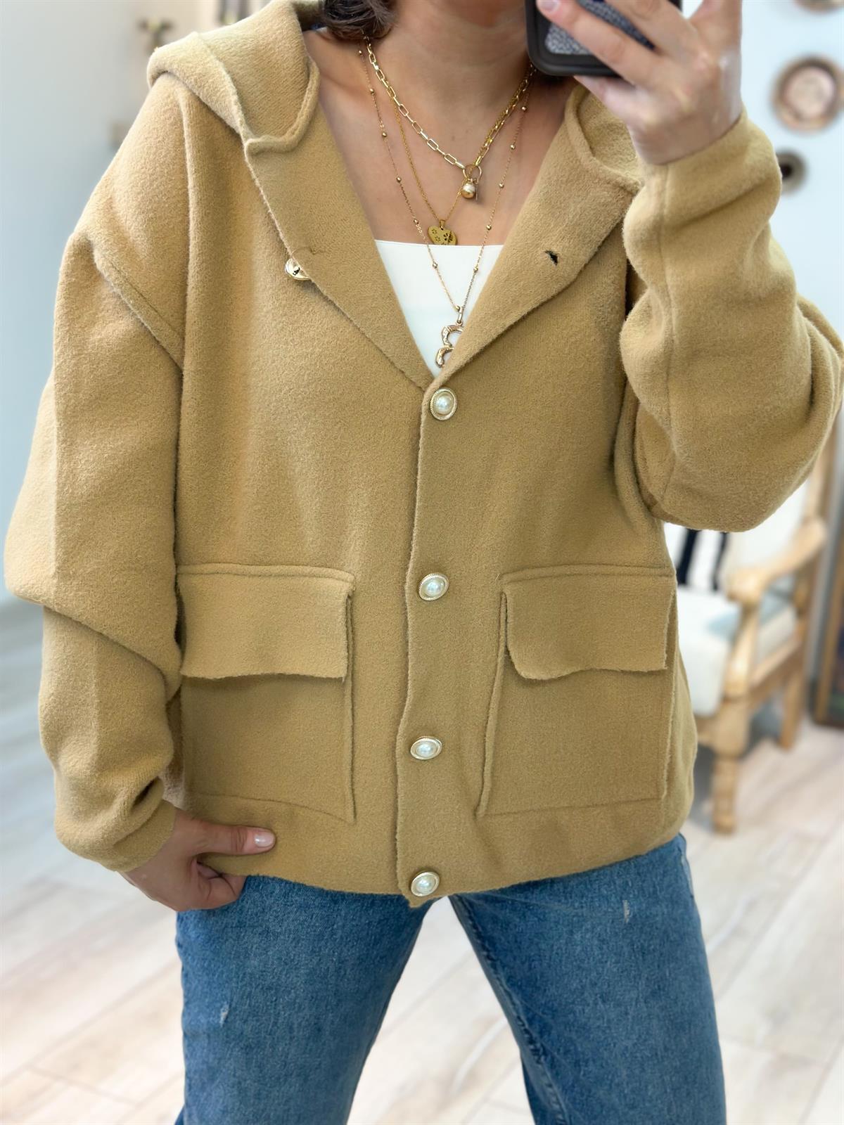 İnci Düğme Detaylı Cepli Hırka CAMEL