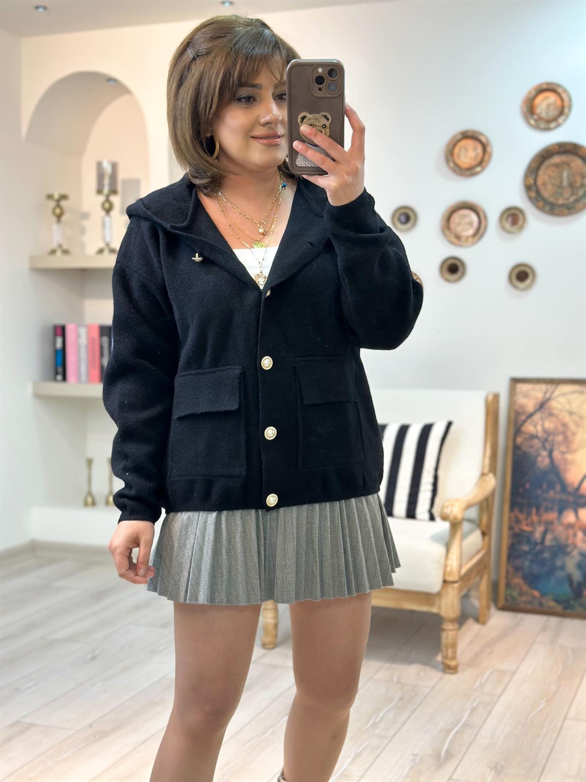 İnci Düğme Detaylı Cepli Hırka SİYAH