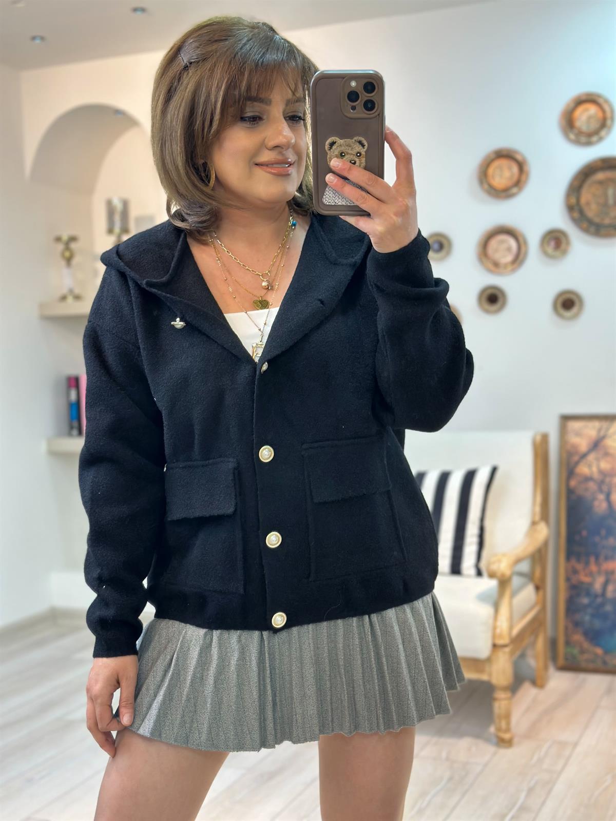 İnci Düğme Detaylı Cepli Hırka SİYAH