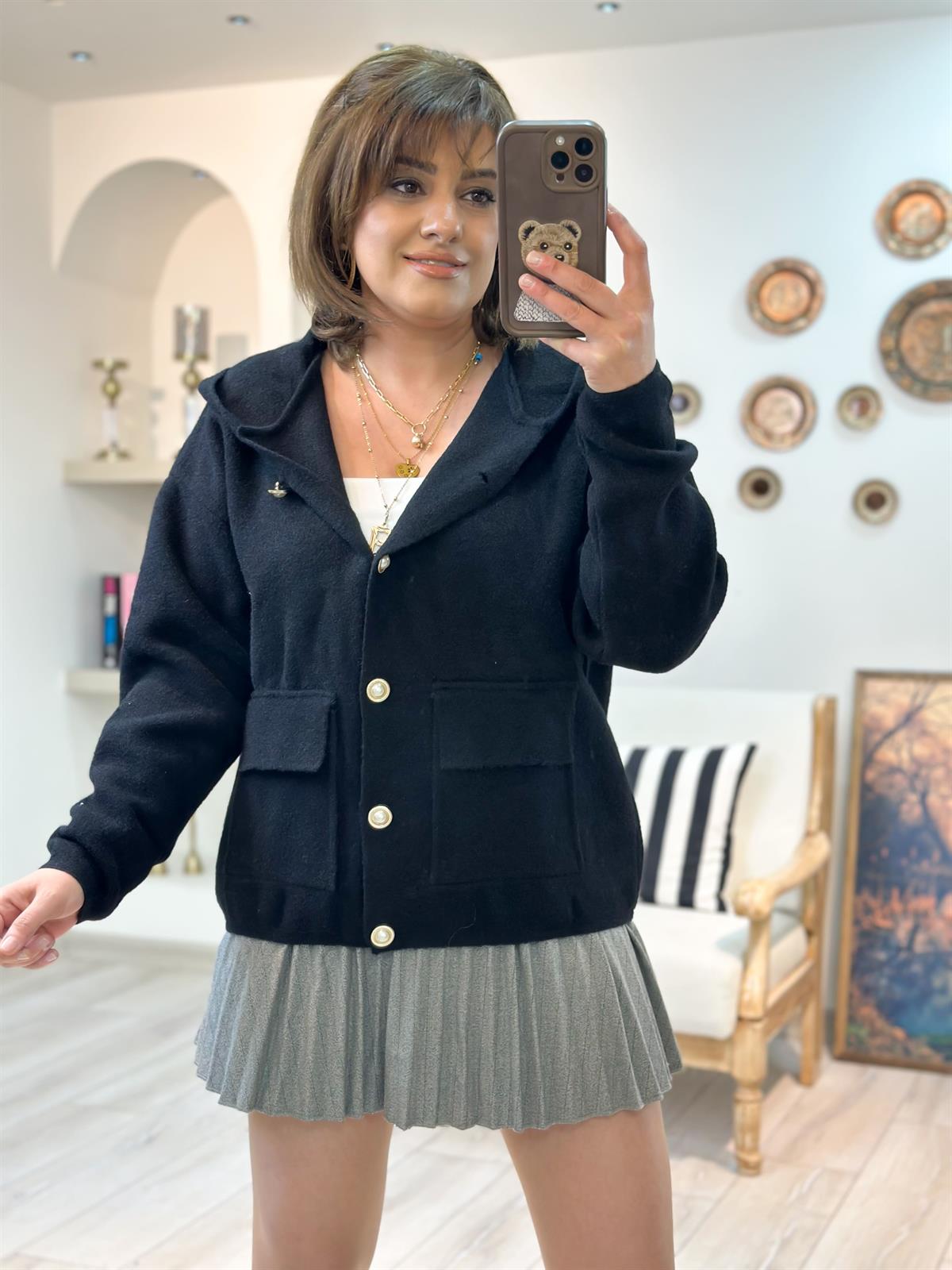 İnci Düğme Detaylı Cepli Hırka SİYAH