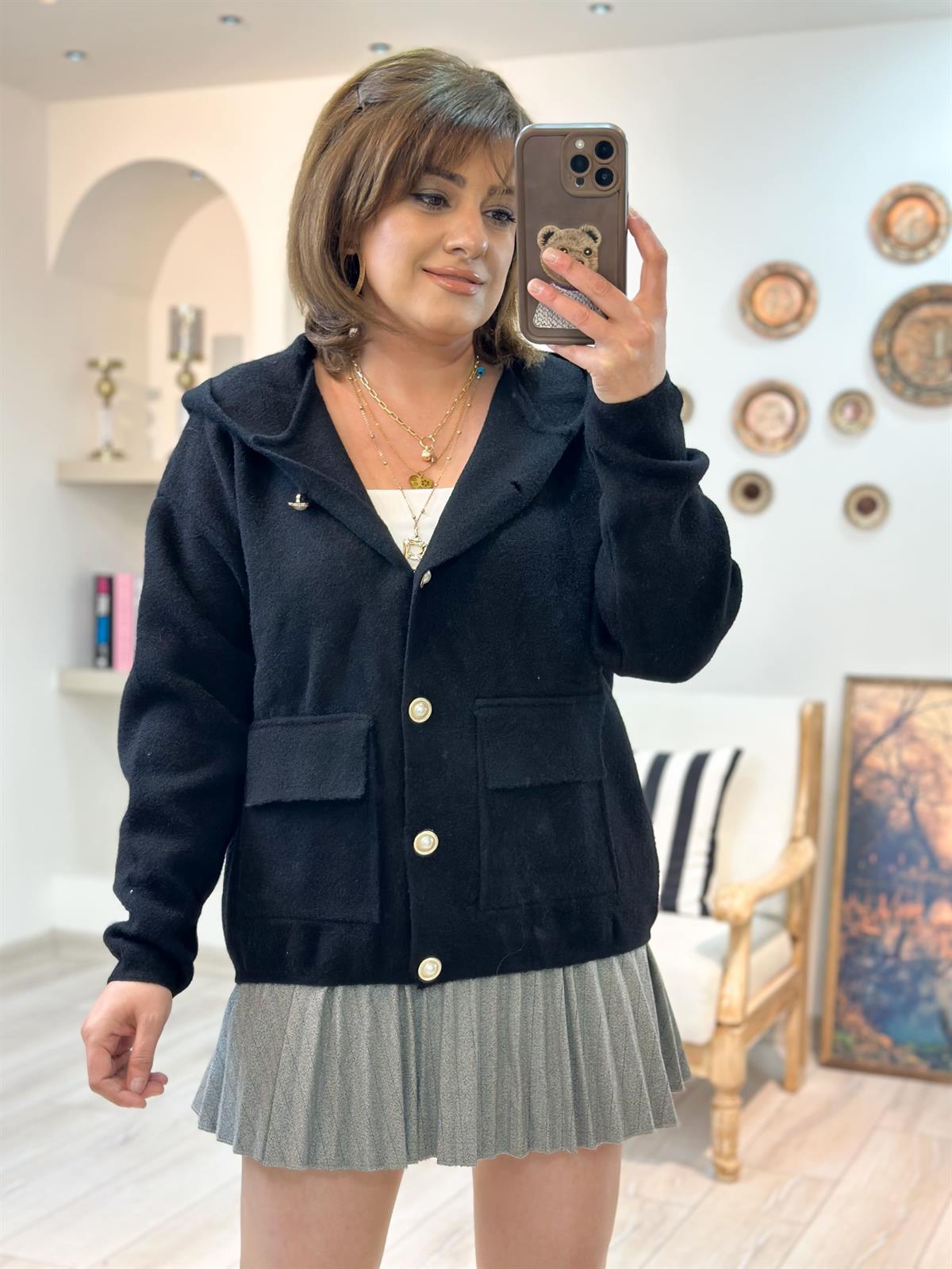 İnci Düğme Detaylı Cepli Hırka SİYAH