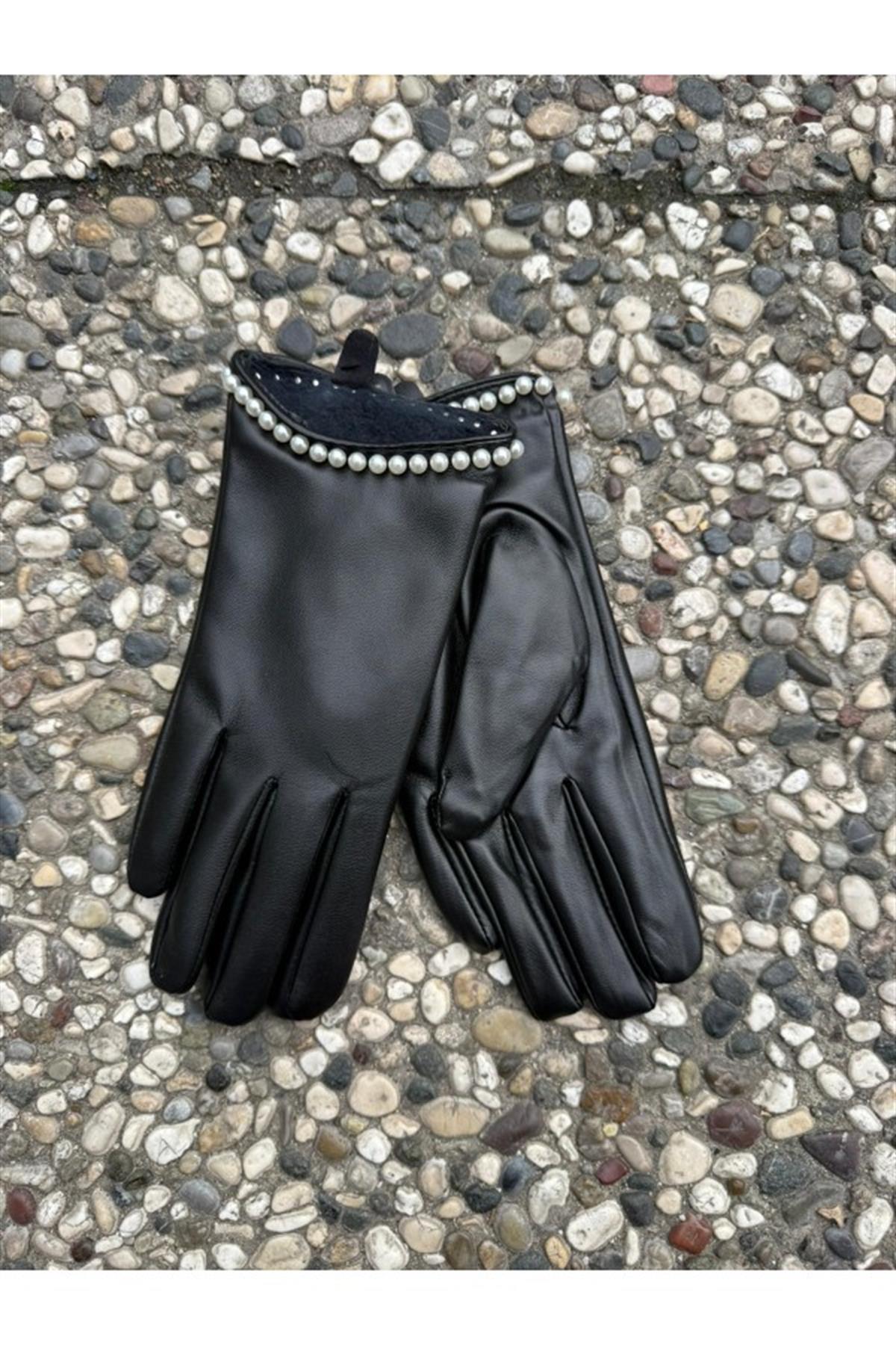 İnci Taşlı PU Deri Eldiven SİYAH