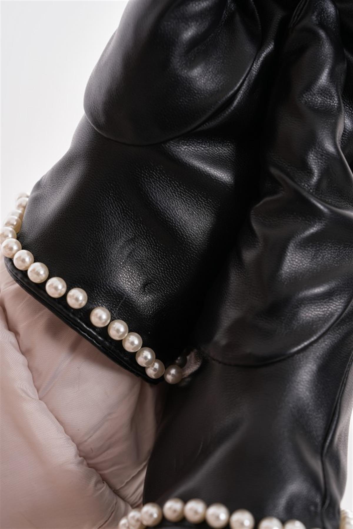 İnci Taşlı PU Deri Eldiven SİYAH