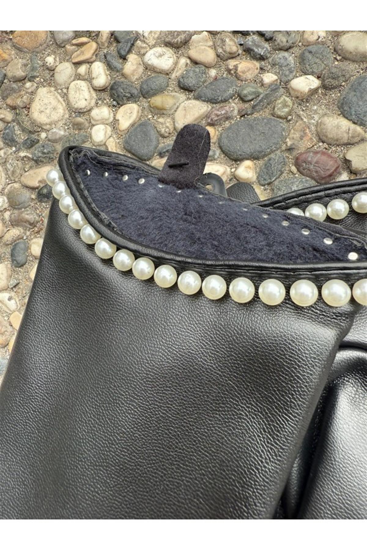 İnci Taşlı PU Deri Eldiven SİYAH