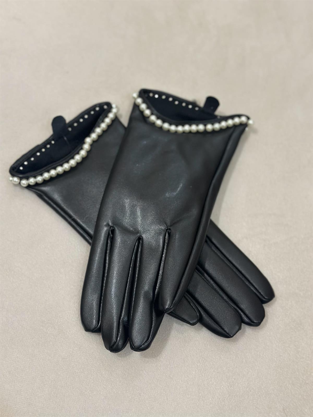 İnci Taşlı PU Deri Eldiven SİYAH