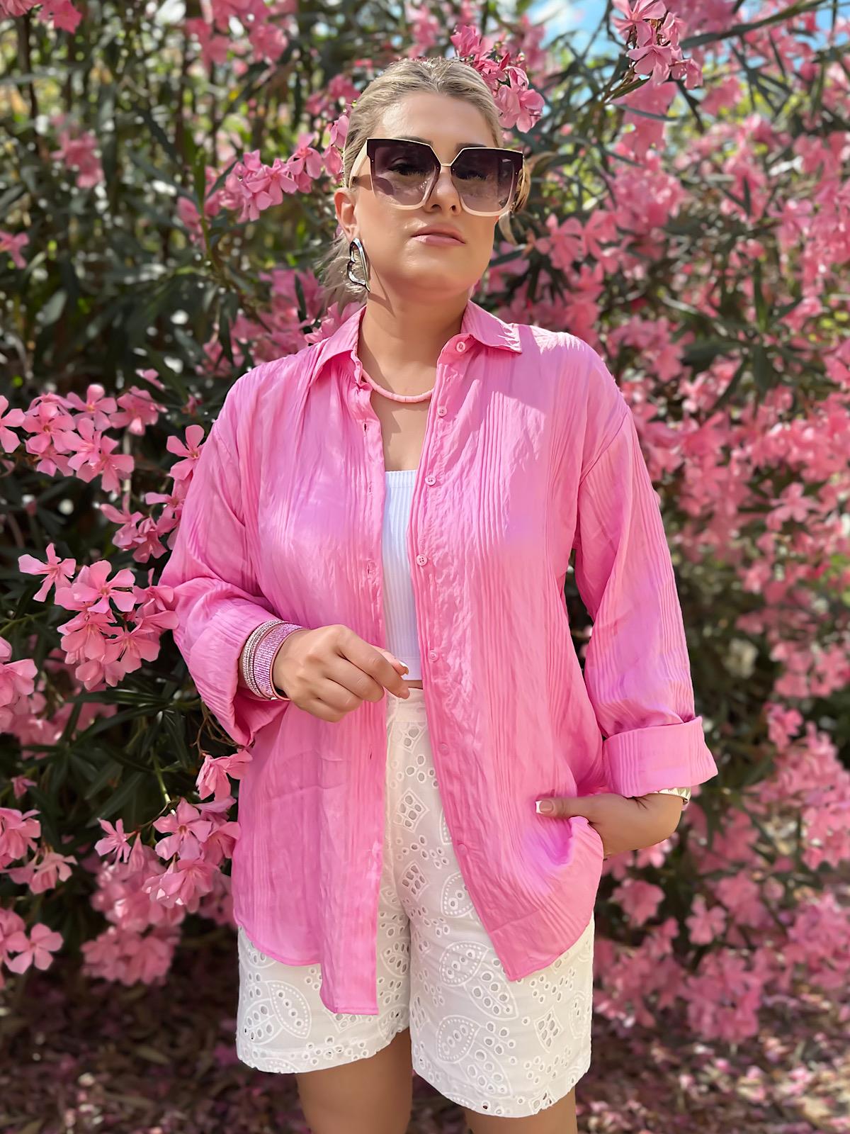 Jakarlı Çizgili Gömlek PEMBE