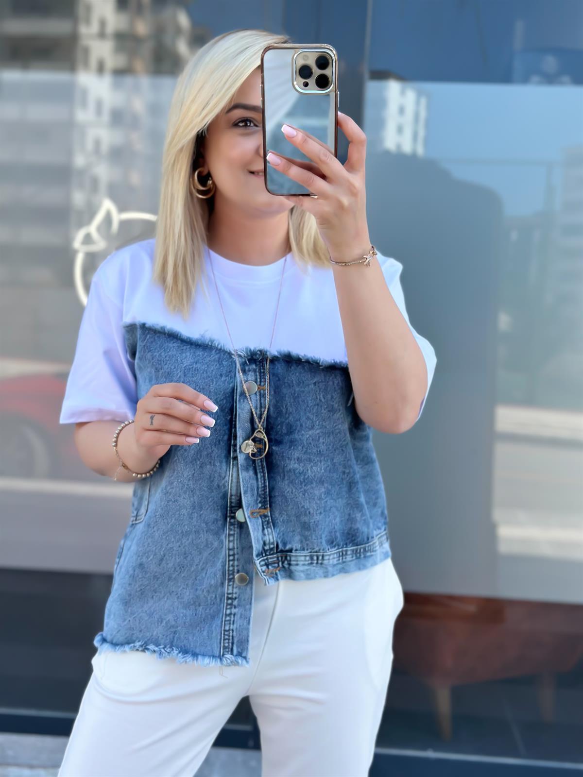 Jean Detaylı Düğmeli Tshirt BEYAZ