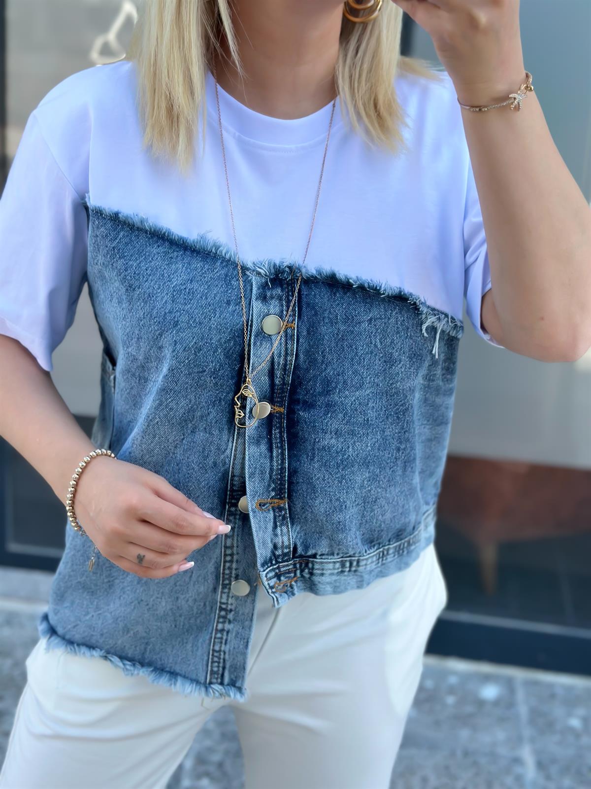 Jean Detaylı Düğmeli Tshirt BEYAZ