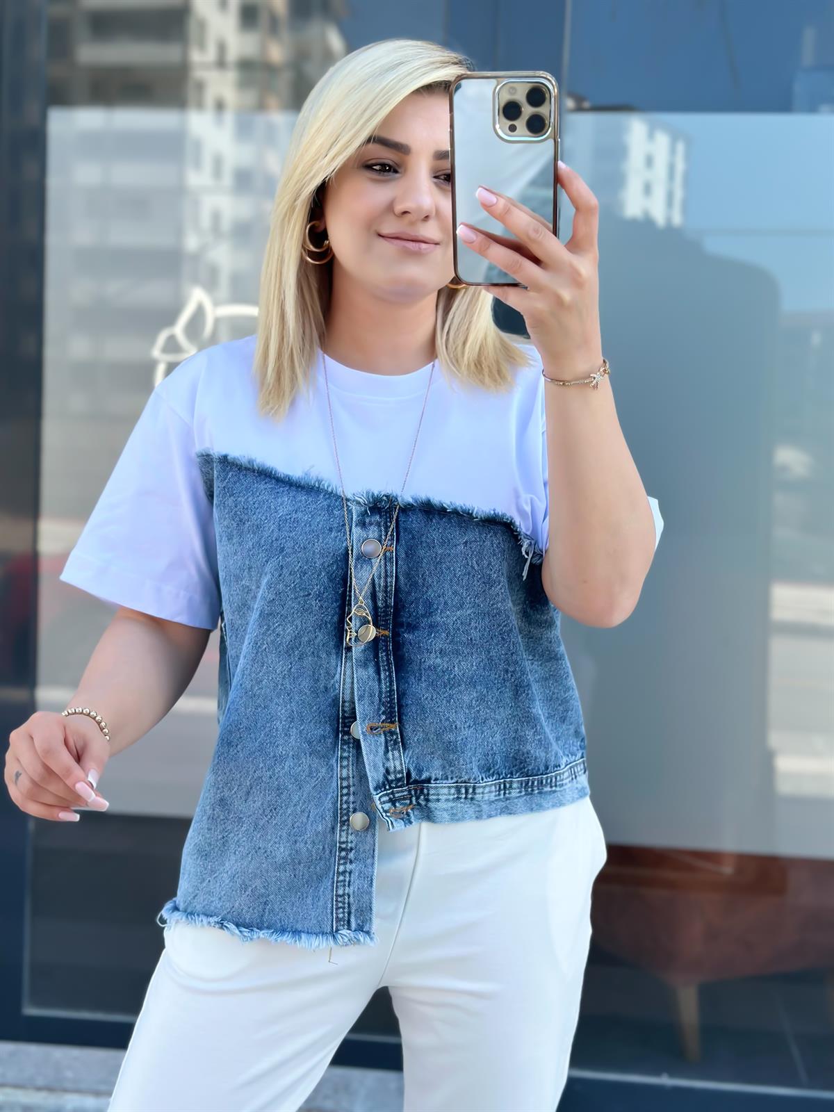 Jean Detaylı Düğmeli Tshirt BEYAZ