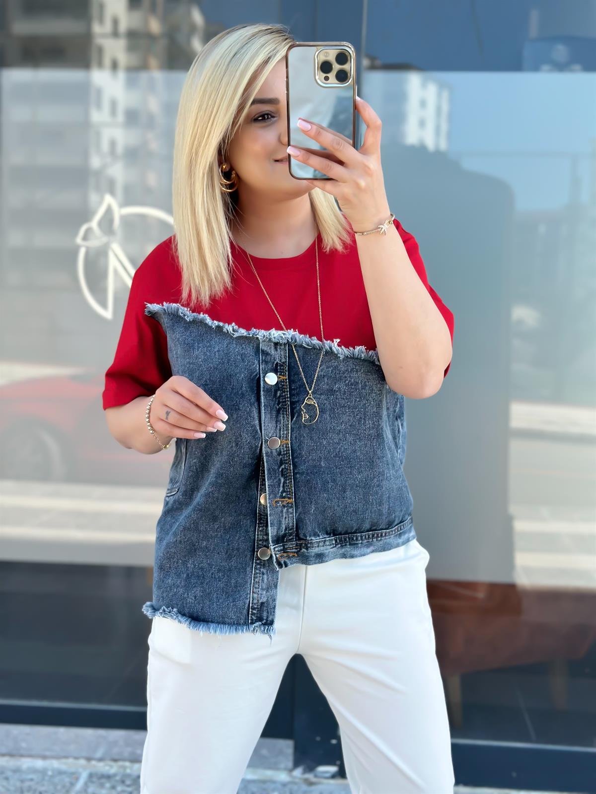 Jean Detaylı Düğmeli Tshirt KIRMIZI