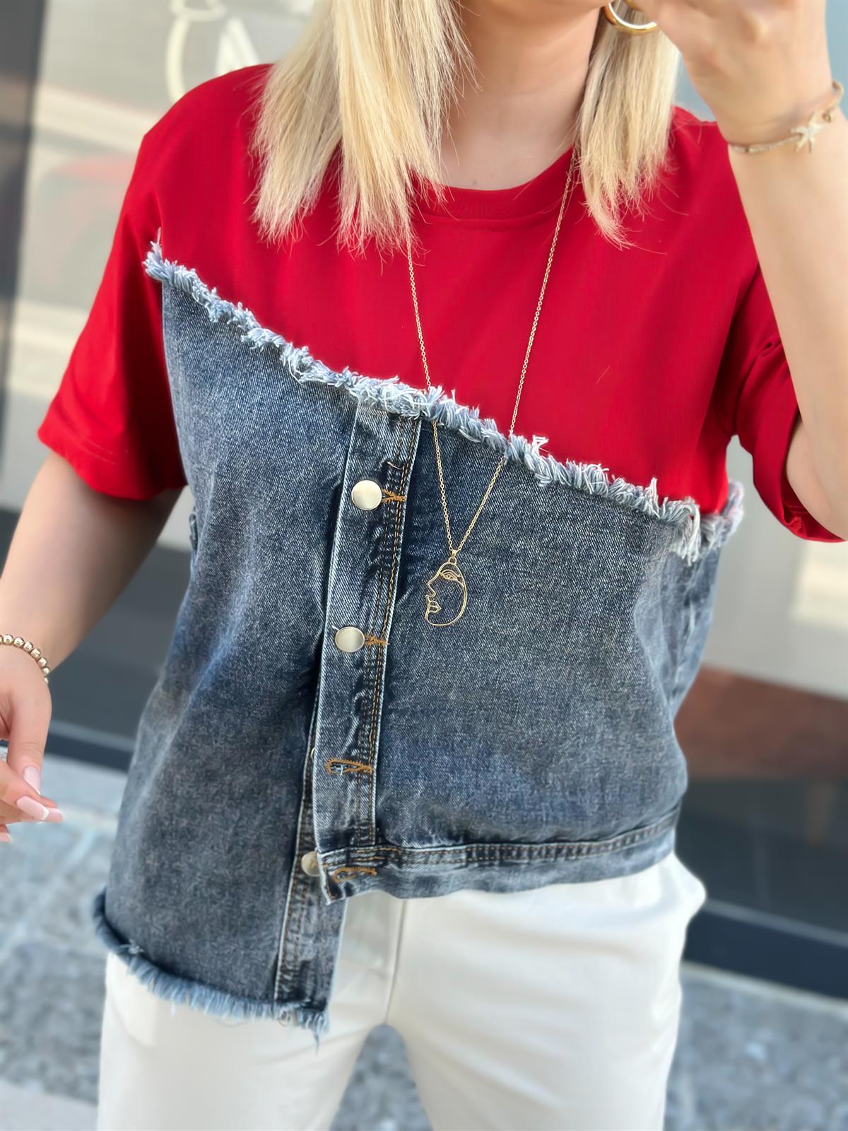 Jean Detaylı Düğmeli Tshirt KIRMIZI