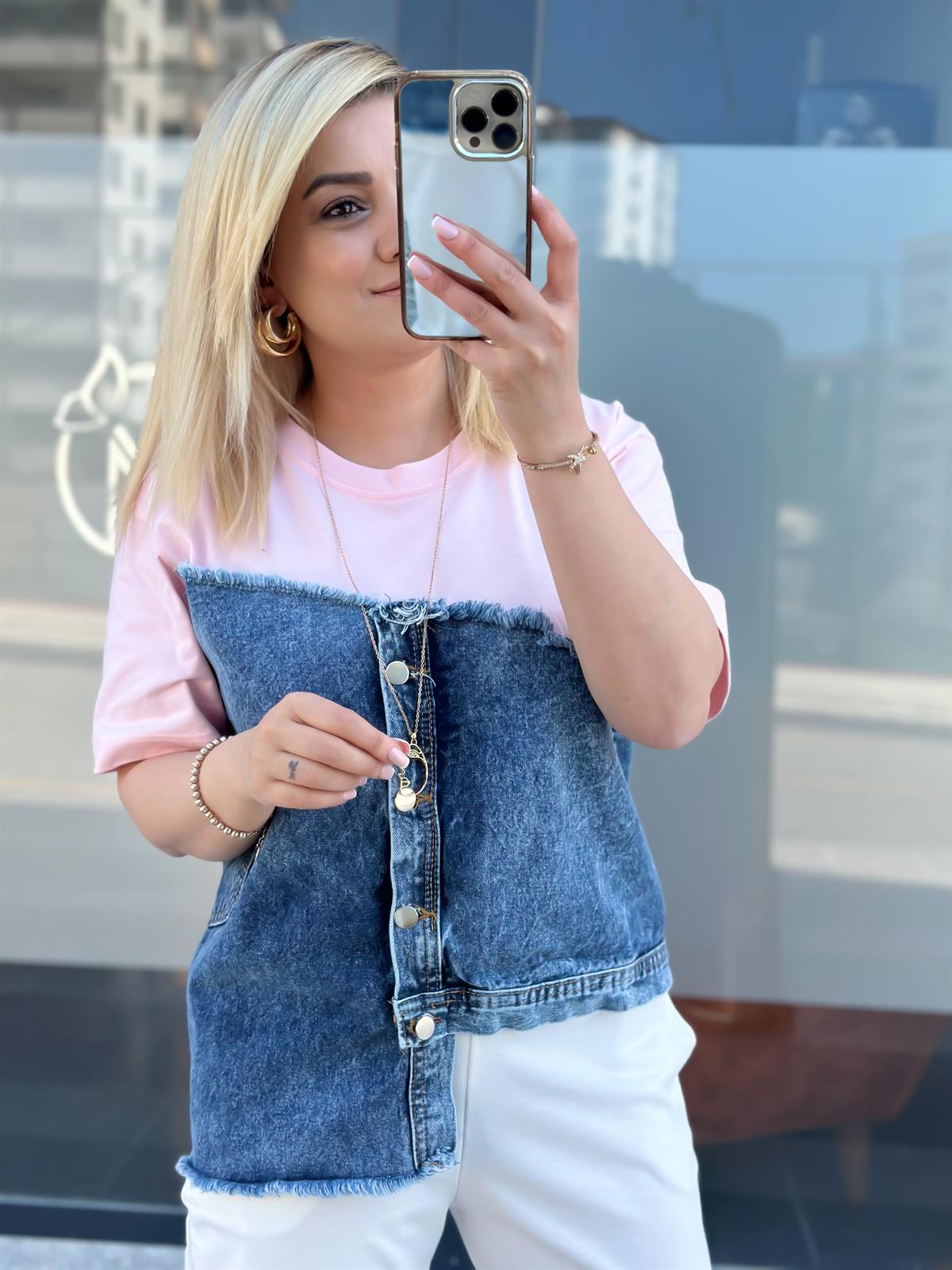 Jean Detaylı Düğmeli Tshirt PUDRA PEMBE