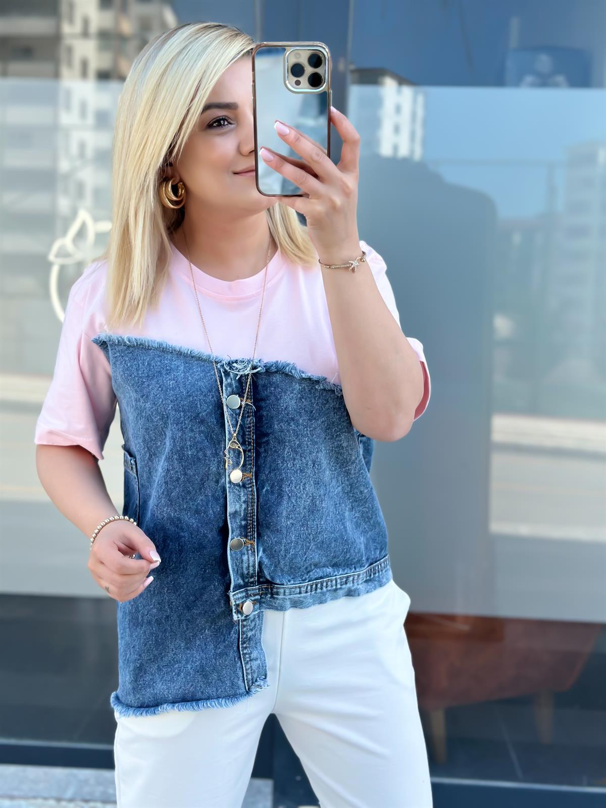 Jean Detaylı Düğmeli Tshirt PUDRA PEMBE