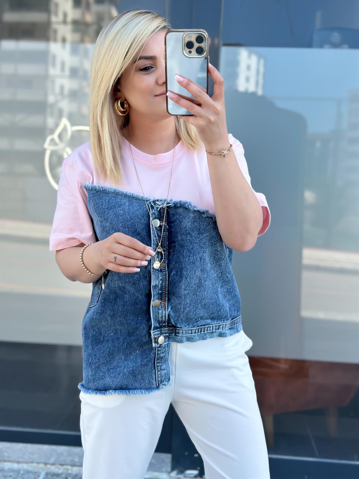 Jean Detaylı Düğmeli Tshirt PUDRA PEMBE