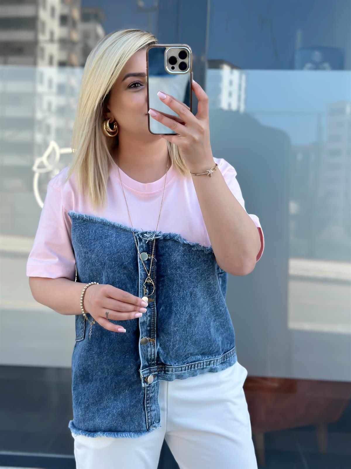 Jean Detaylı Düğmeli Tshirt PUDRA PEMBE
