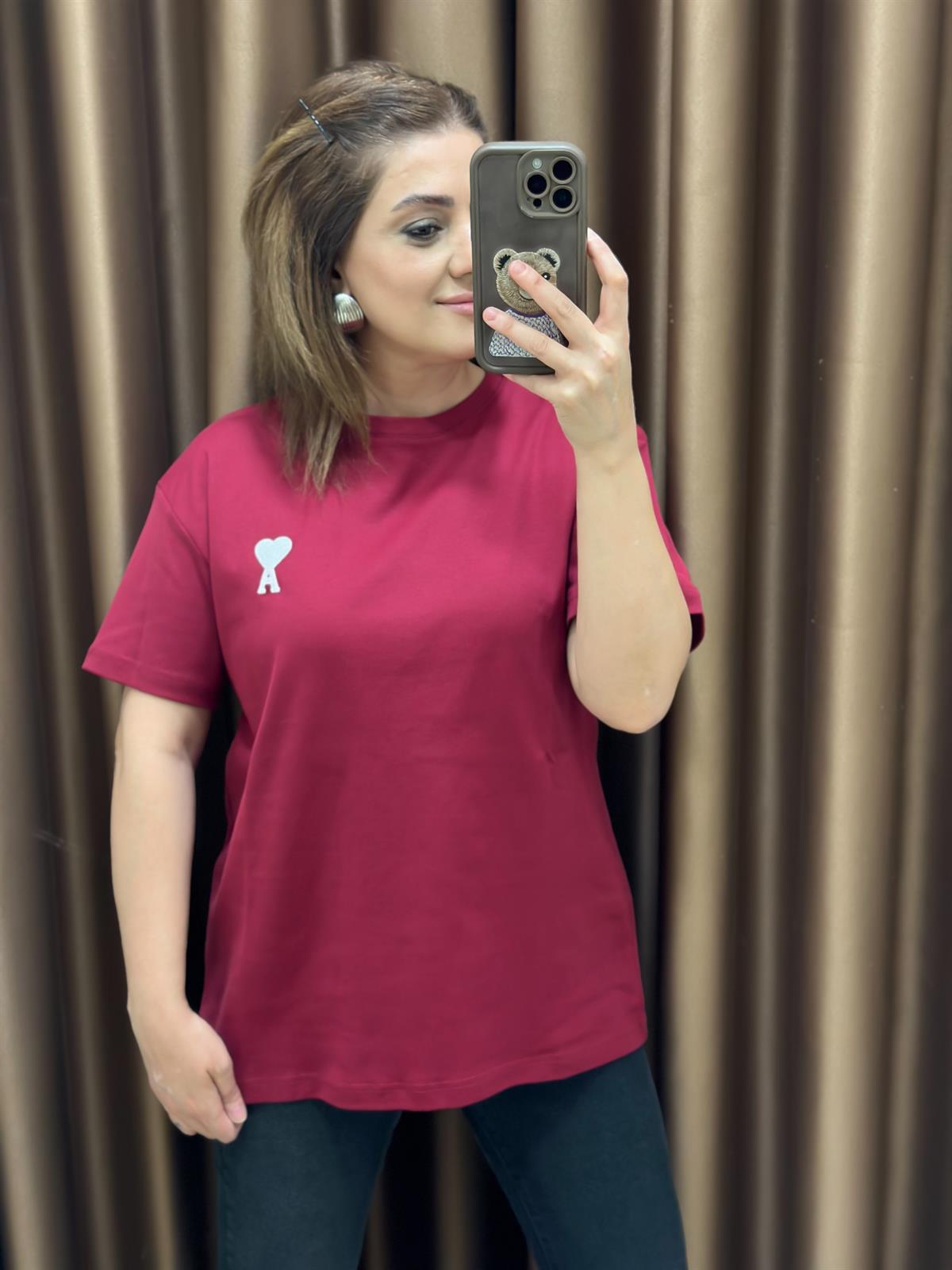 Kalp Detaylı Orjinal Marka Tshirt BORDO