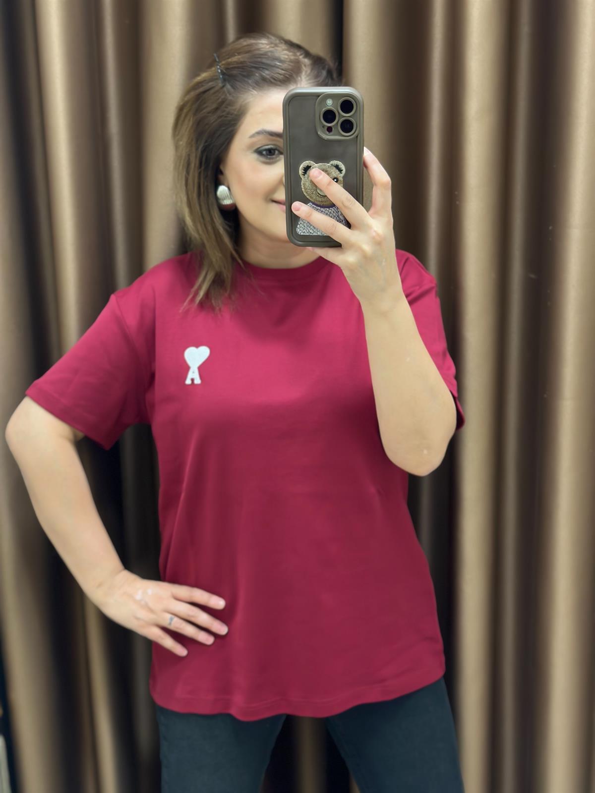Kalp Detaylı Orjinal Marka Tshirt BORDO