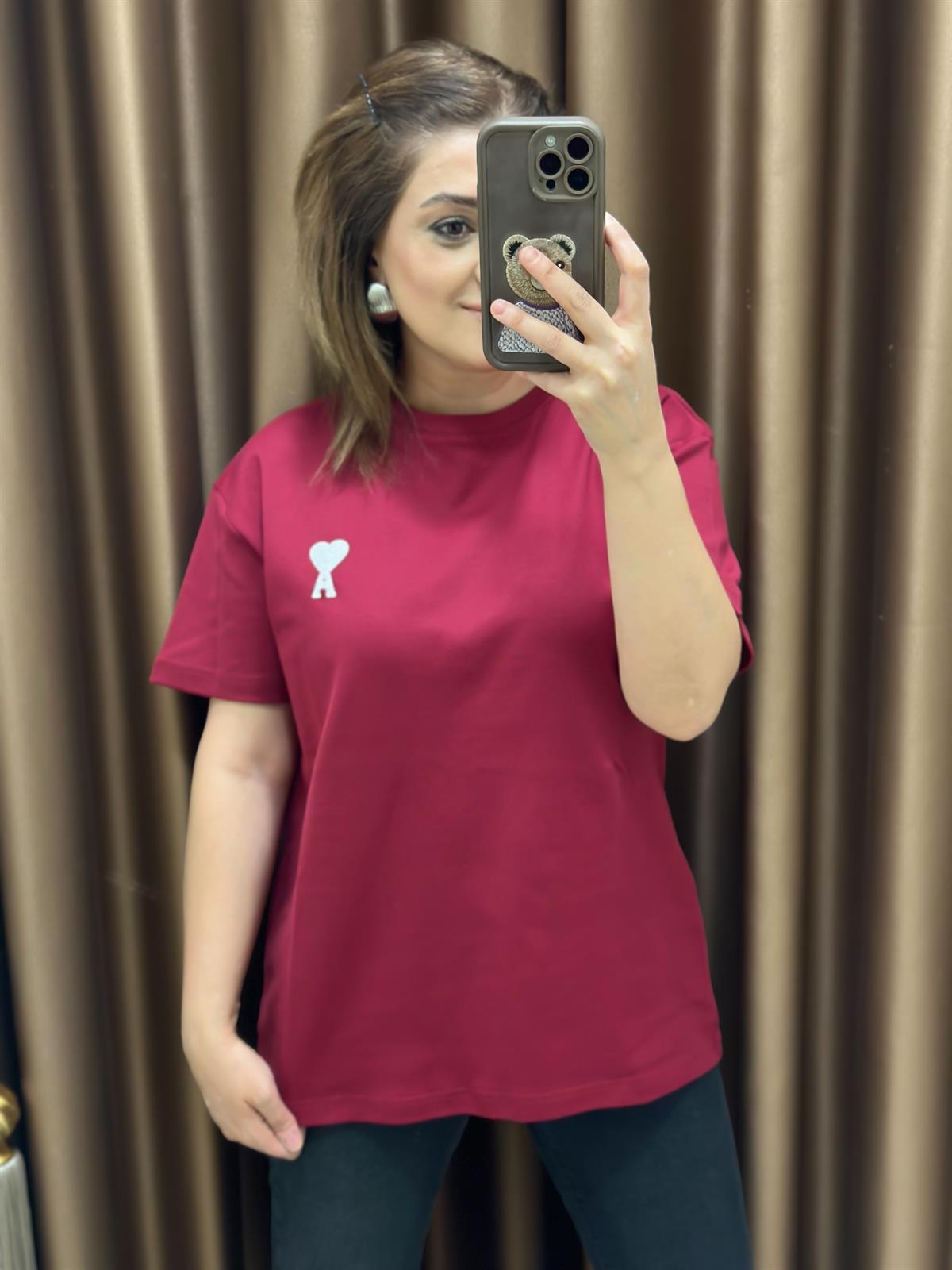 Kalp Detaylı Orjinal Marka Tshirt BORDO