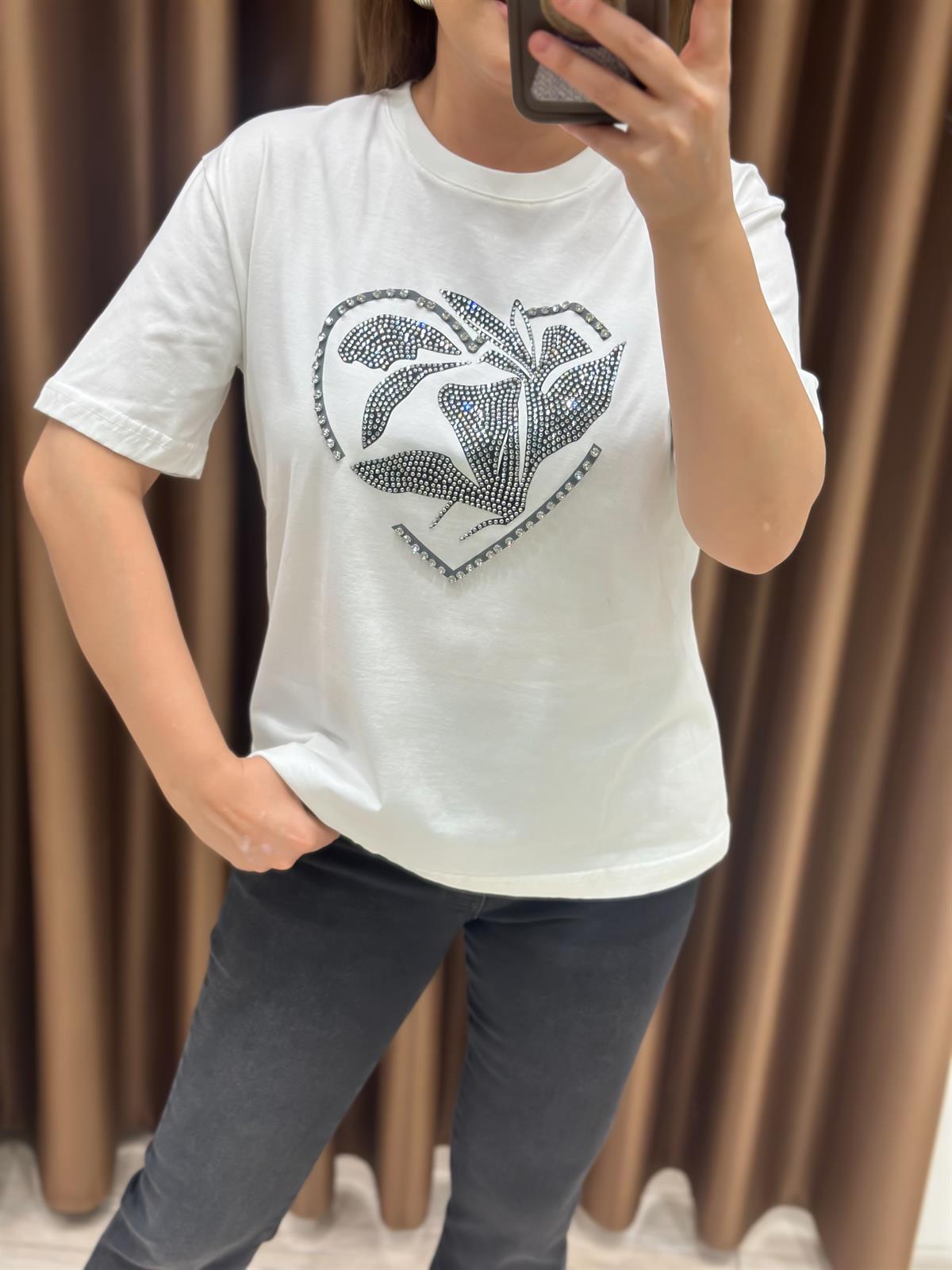Kalp Taş Desenli Tshirt BEYAZ