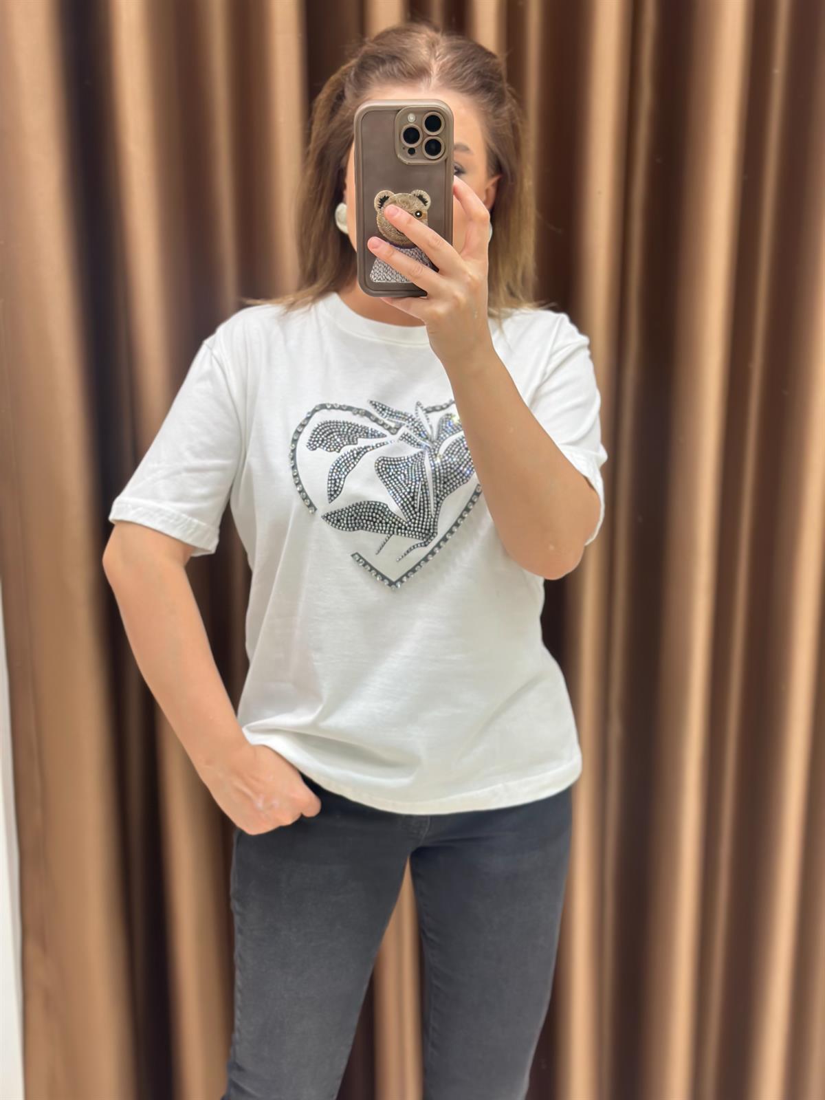 Kalp Taş Desenli Tshirt BEYAZ