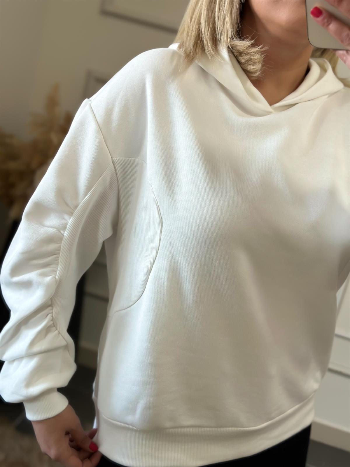 Kapşonlu Kolları Büzgülü Kaşkorse Şardonsuz Sweatshırt BEYAZ