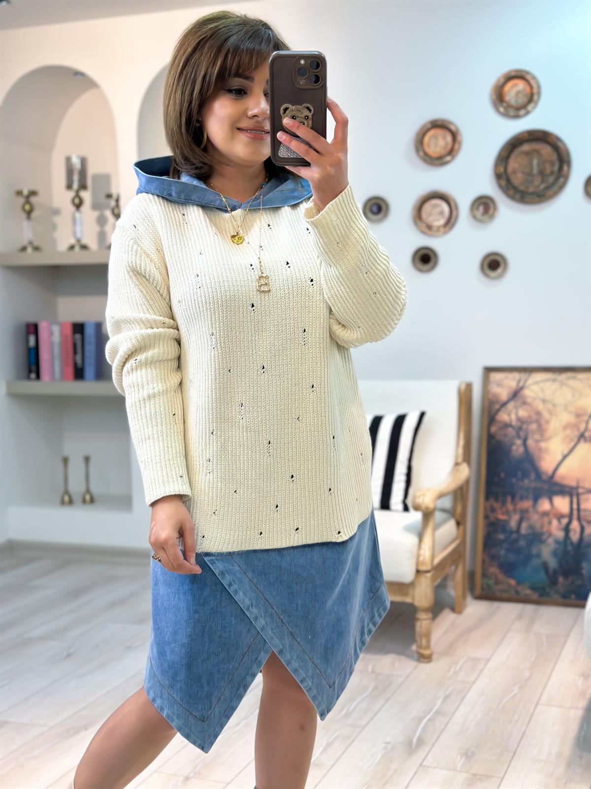 Kapşonlu Triko Detaylı Gömlek BEJ