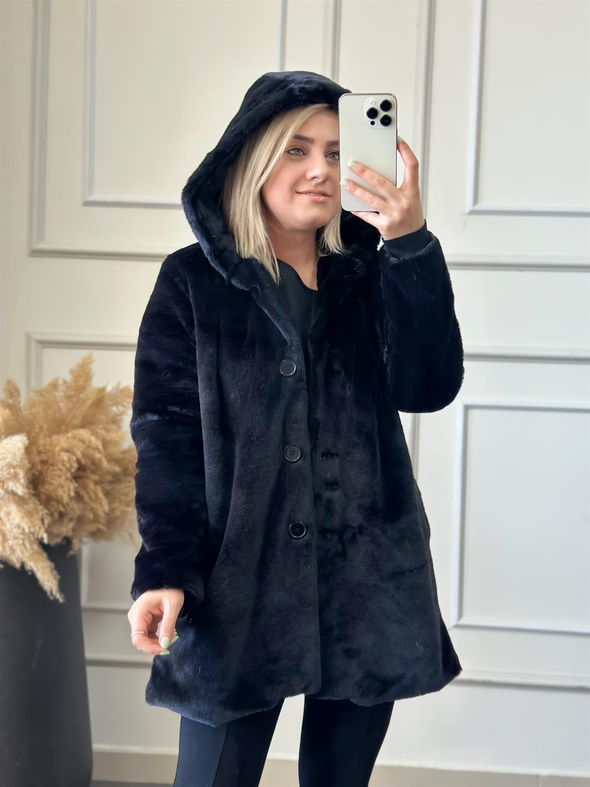 Kapşonlu Uzun Peluş Kürk SİYAH